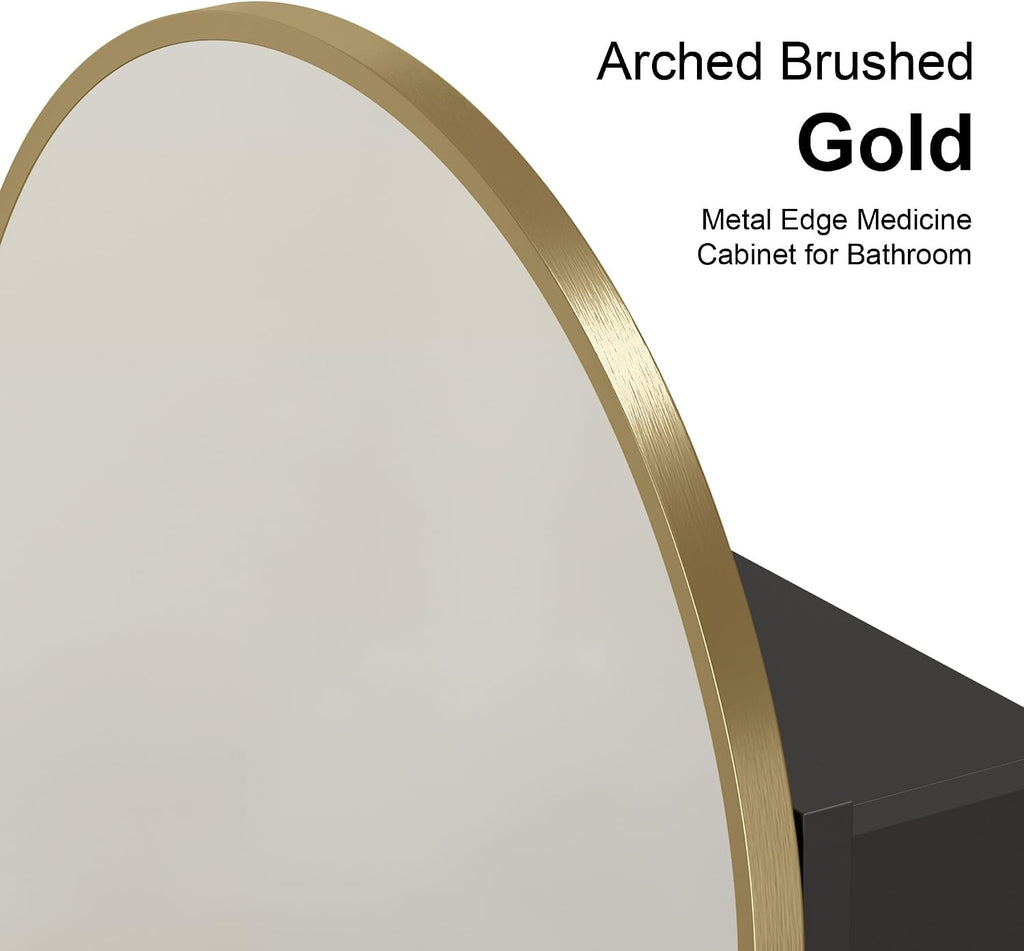 Recessed Medicine Cabinet Mirror,Brushed Brass Gold Arched Medicine Cabinet with Mirror for Bathroom,Metal Edge Mirrored Medicine Cabinets,in Wall Arch Mirrored Cabinets with Storage 16x31