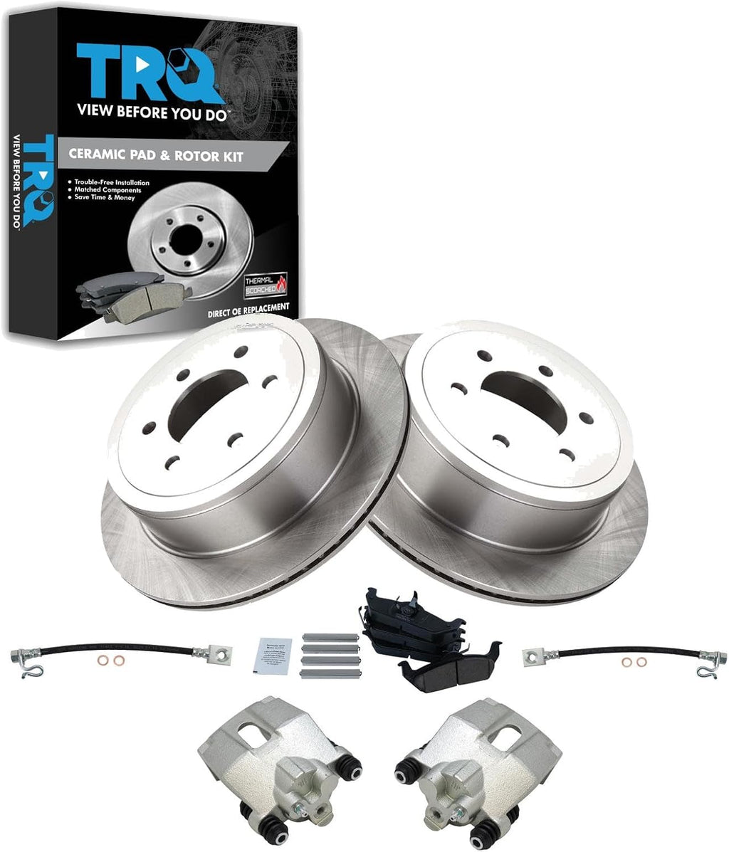 TRQ Rear Brake Pad and Rotor Set Ceramic Rotors Calipers Hose Compatible with 2004-2008 Ford F-150 2006-2007 Lincoln Mark LT