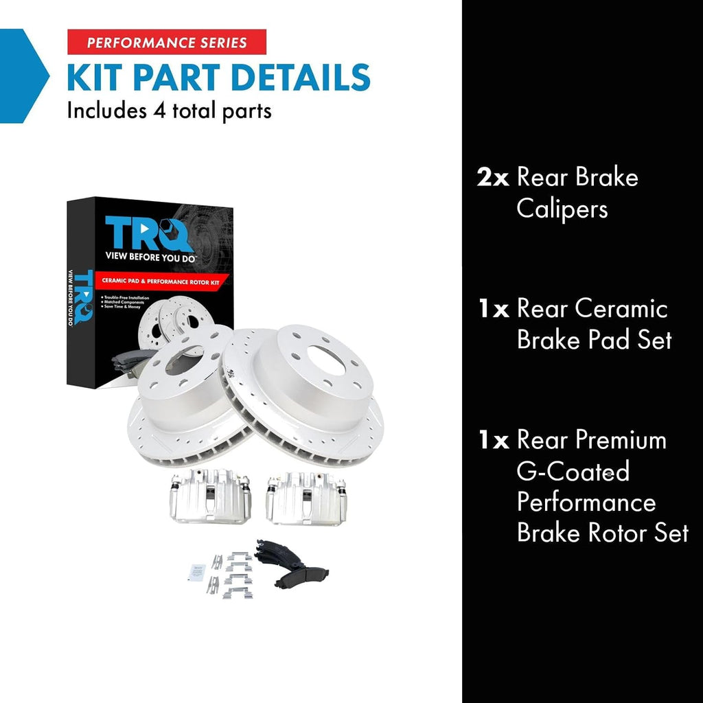 TRQ Performance Rear Brake Pad & Rotor Set Ceramic Coated Drilled Slotted Solid Rotors Calipers for 02-06 Cadillac Escalade Chevrolet Avalanche Silverado Suburban Tahoe GMC Sierra Yukon XL 1500