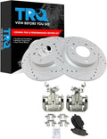TRQ Performance Rear Brake Pad & Rotor Set Ceramic Drilled Slotted Coated Rotors Calipers Compatible with 06-12 Ford Fusion 2006 Lincoln Zephyr 07-12 Lincoln MKZ 06-13 Mazda 6 06-11 Mercury Milan