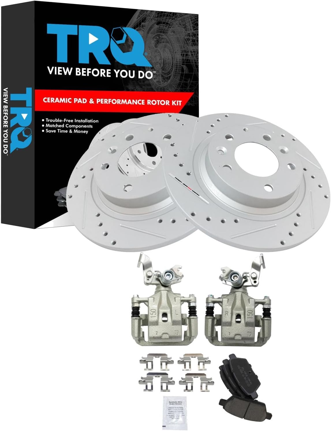 TRQ Performance Rear Brake Pad & Rotor Set Ceramic Drilled Slotted Coated Rotors Calipers Compatible with 06-12 Ford Fusion 2006 Lincoln Zephyr 07-12 Lincoln MKZ 06-13 Mazda 6 06-11 Mercury Milan