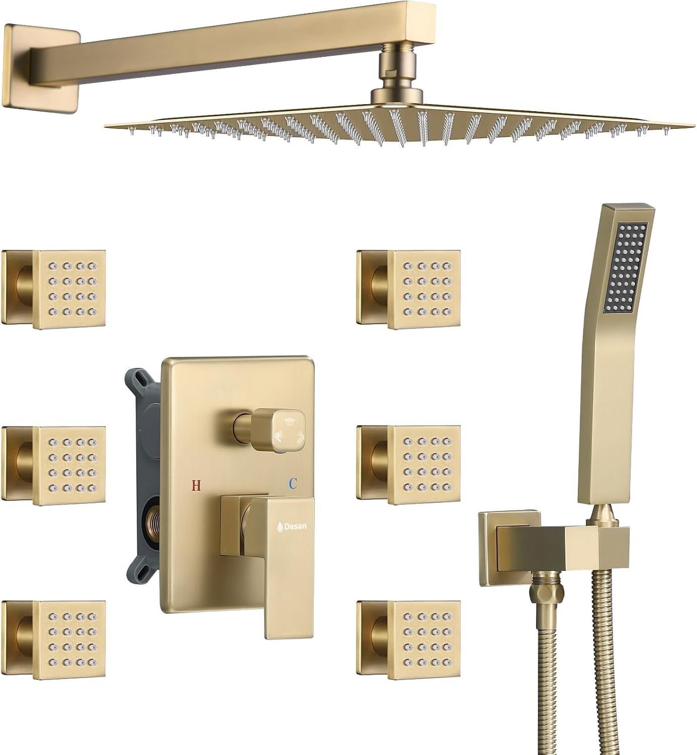 DASAN Full Body Shower System with 6 PCS Body Spray Jets & 12'' Rain Overhead Shower & Handheld, In-Wall Rain Shower System Brushed Gold Shower Faucets Sets Complete with Valve, SA-SS03ABG-S12W