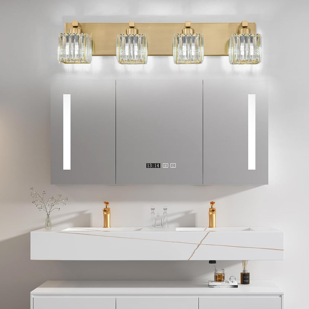 Gold Crystal Bathroom Vanity Lights, 4 Lights Bathroom Lighting Fixtures Over Mirror Modern Gold Crystal Bath Wall Light with Square Shade