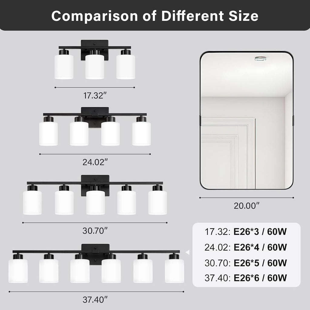 FonmYim Black Bathroom Light Fixtures, 6-Light Modern Vanity Light Over Mirror, Wall Sconces with Milky White Frosted Glass Shades, E26 Socket (Bulbs Not Included)