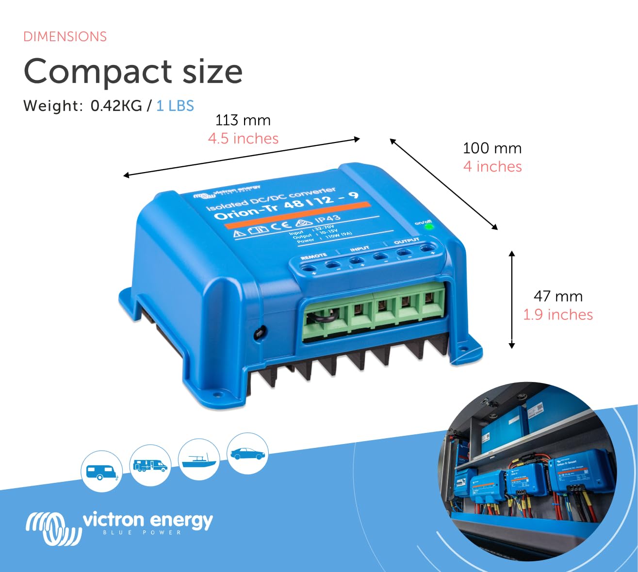 Victron Energy Orion-Tr DC to DC Converter - 48/12-Volt 9 amp 110-Watt - IP43 Protected - for Dual Battery Systems - Isolated