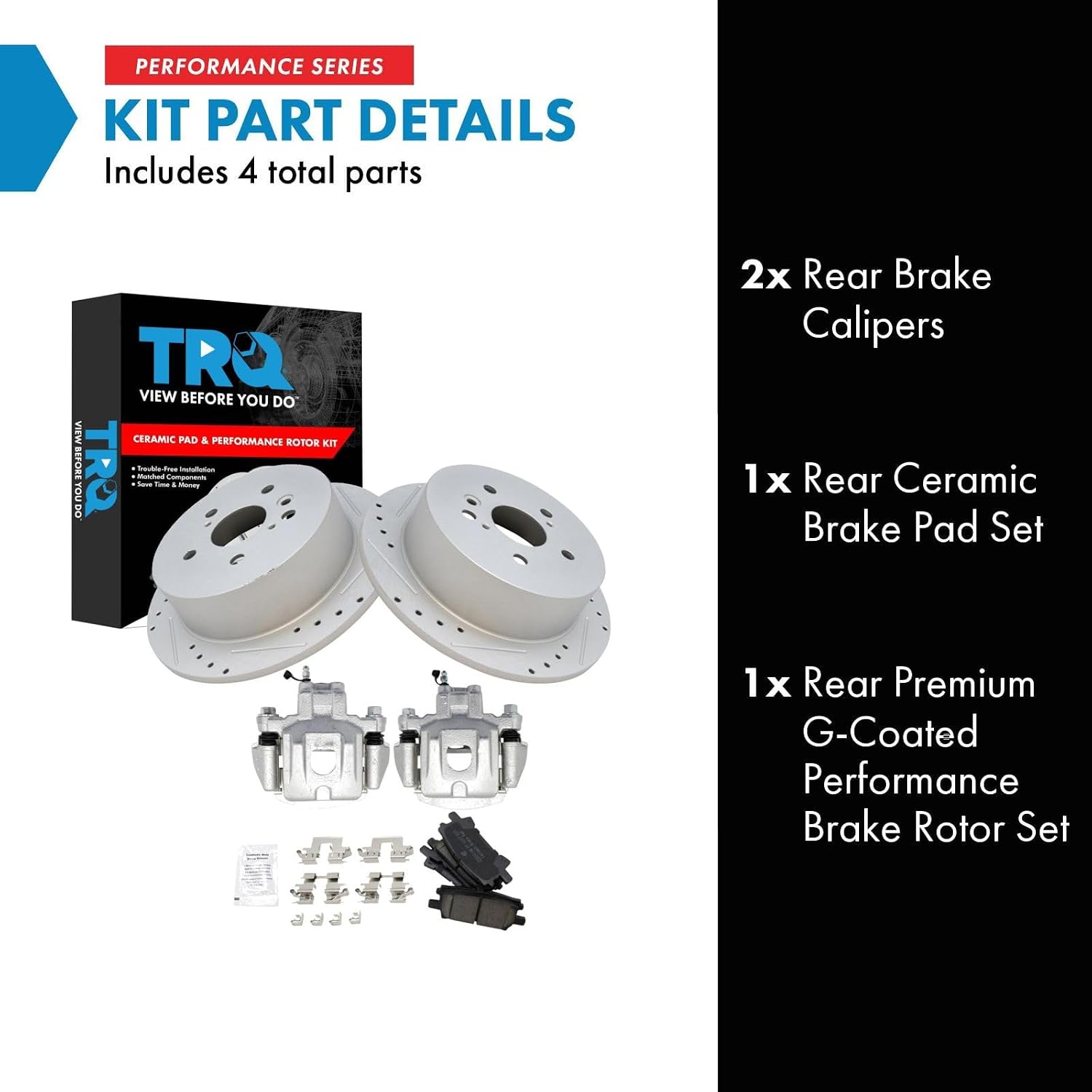 TRQ Performance Rear Brake Pad and Rotor Set Ceramic Coated Drilled Slotted Vented Rotors Calipers Compatible with 2004-2007 Toyota Highlander