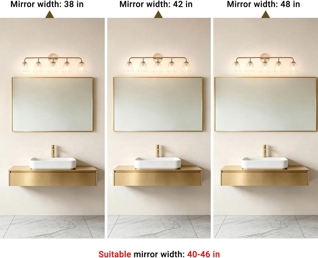 Daunton 5-Light Vintage Vanity Light, Brushed Brass Vanity Lighting, Elegant Bathroom Lighting Fixtures Over Mirror, Bathroom Vanity Light with Clear Glass Shade, Gold Wall Sconce for Bedroom