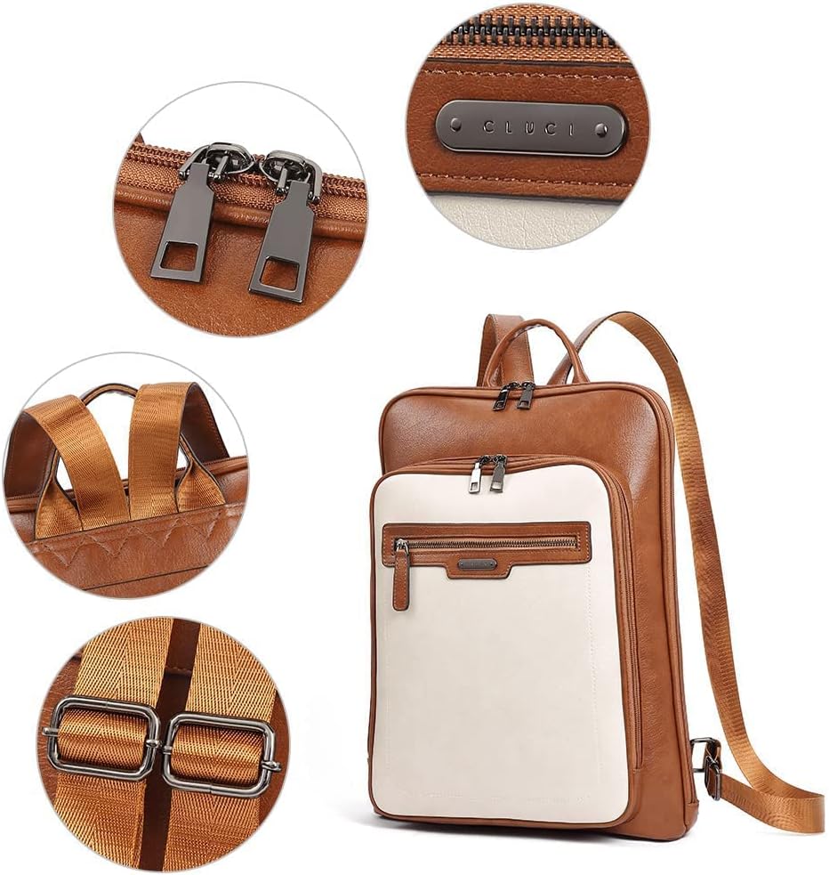CLUCI Leather Laptop Backpack for Women 15.6 Inch Computer Travel Large Business Work Daypack Off-White with Brown