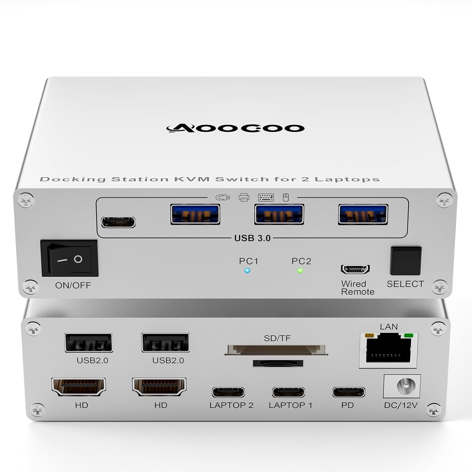 USB C KVM Switch 2 Monitors 2 Laptops,4K @60Hz MST Dual Monitor KVM Switch for 2 Computer, 100W PD and 1G Ethernet,Wired Remote Control and USB C Cables,Silver 11 cm