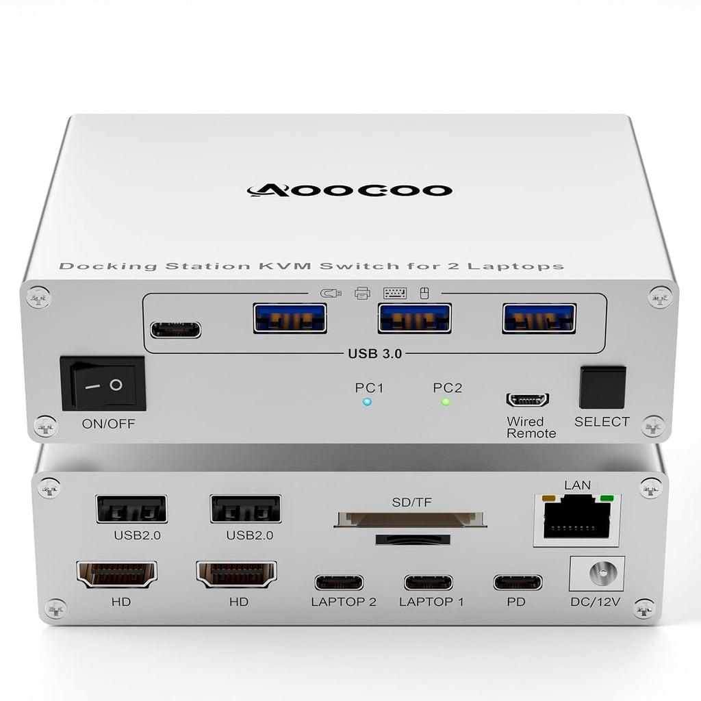 USB C KVM Switch 2 Monitors 2 Laptops,4K @60Hz MST Dual Monitor KVM Switch for 2 Computer, 100W PD and 1G Ethernet,Wired Remote Control and USB C Cables,Silver 11 cm