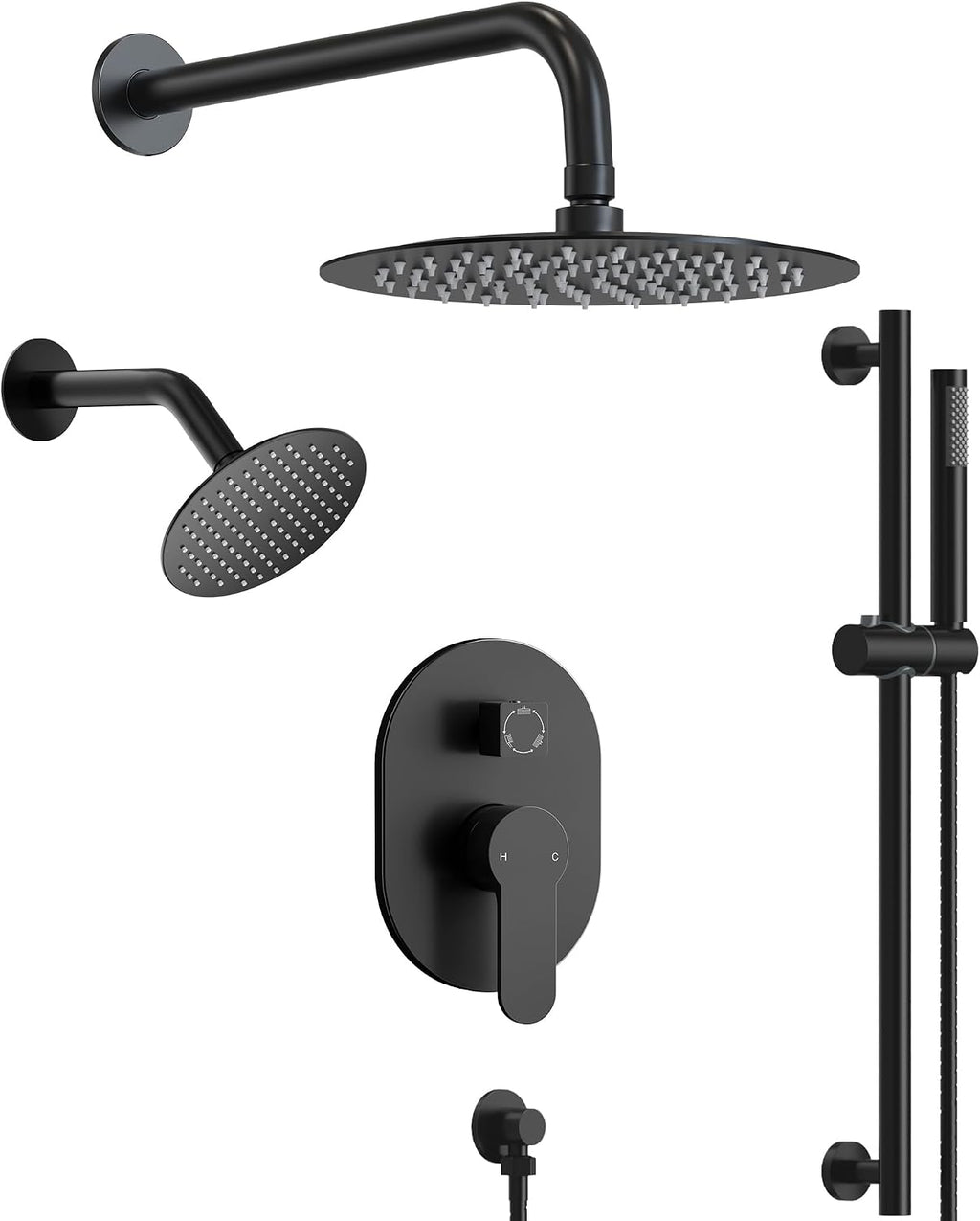 Wall Mount 10' High-Pressure Rainfall Shower Faucet with Slide Bar, Dual Rainfall Shower Head System with Valve (Matte Black)