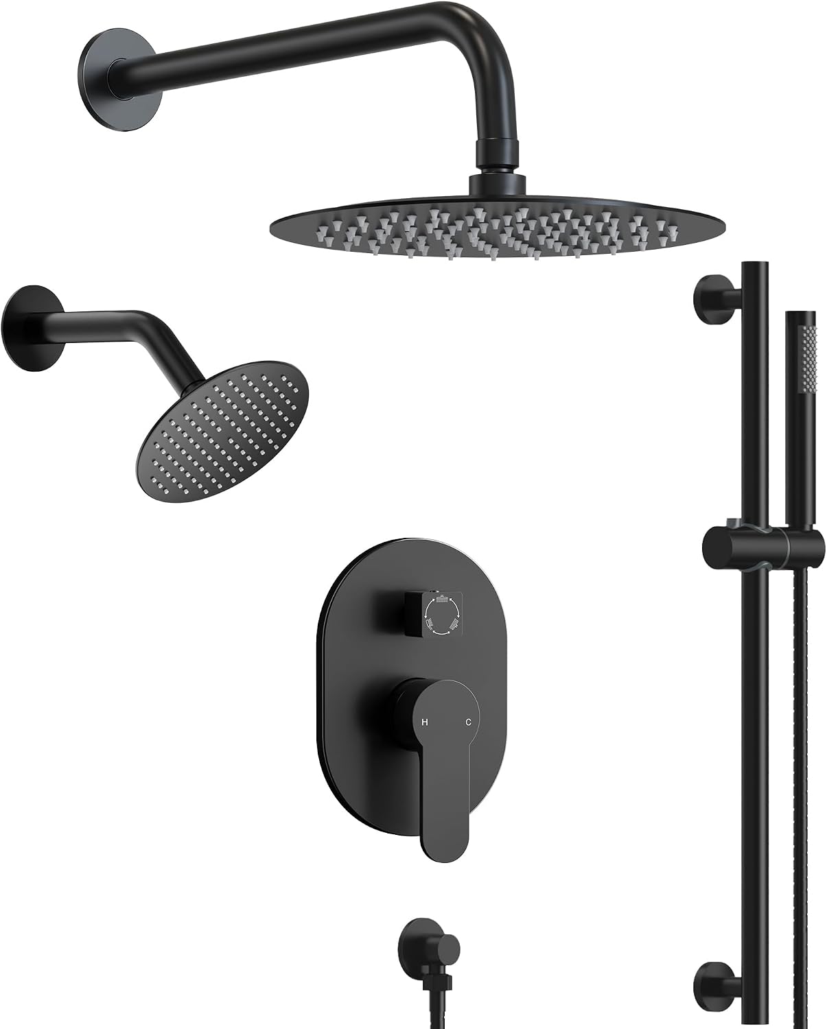 Wall Mount 10' High-Pressure Rainfall Shower Faucet with Slide Bar, Dual Rainfall Shower Head System with Valve (Matte Black)