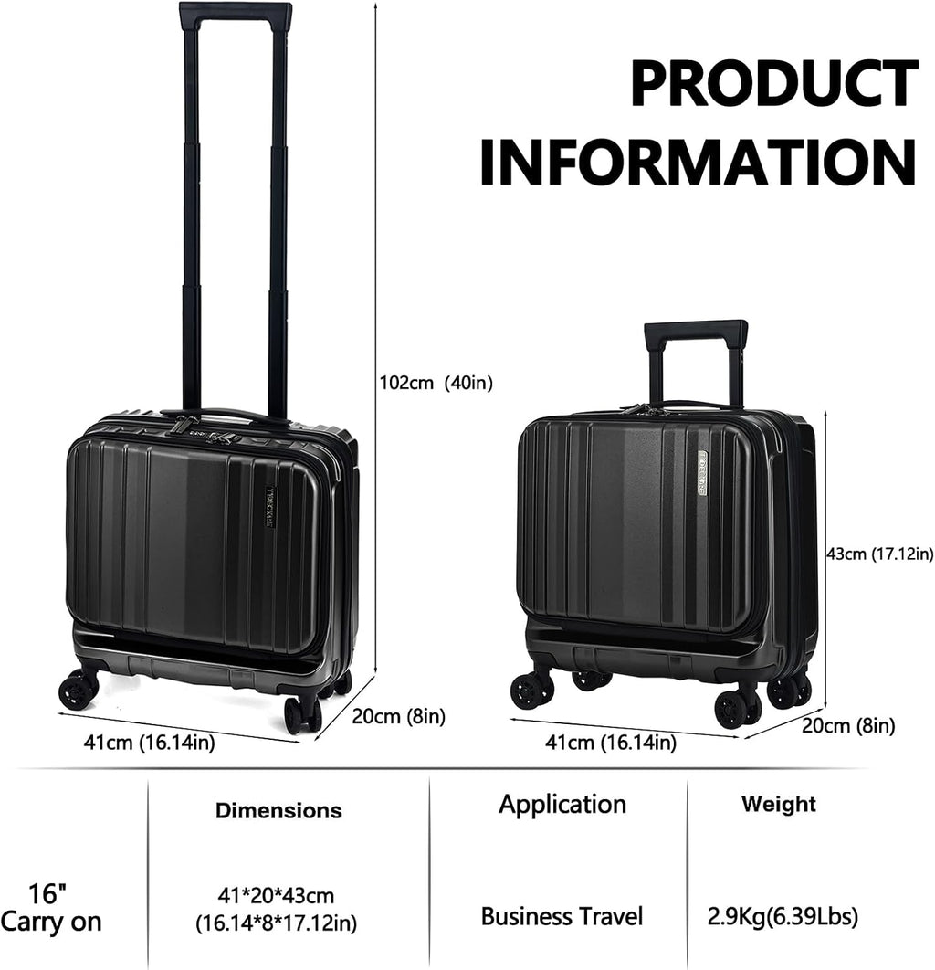 TydeCkare 16' Carry on Luggage with 2 Laptop Compartments, Lightweight Hardshell ABS+PC Suitcase with Dual Control TSA Lock, with YKK Zipper, 4 Spinner Silent Wheels, for Business Travel, Black