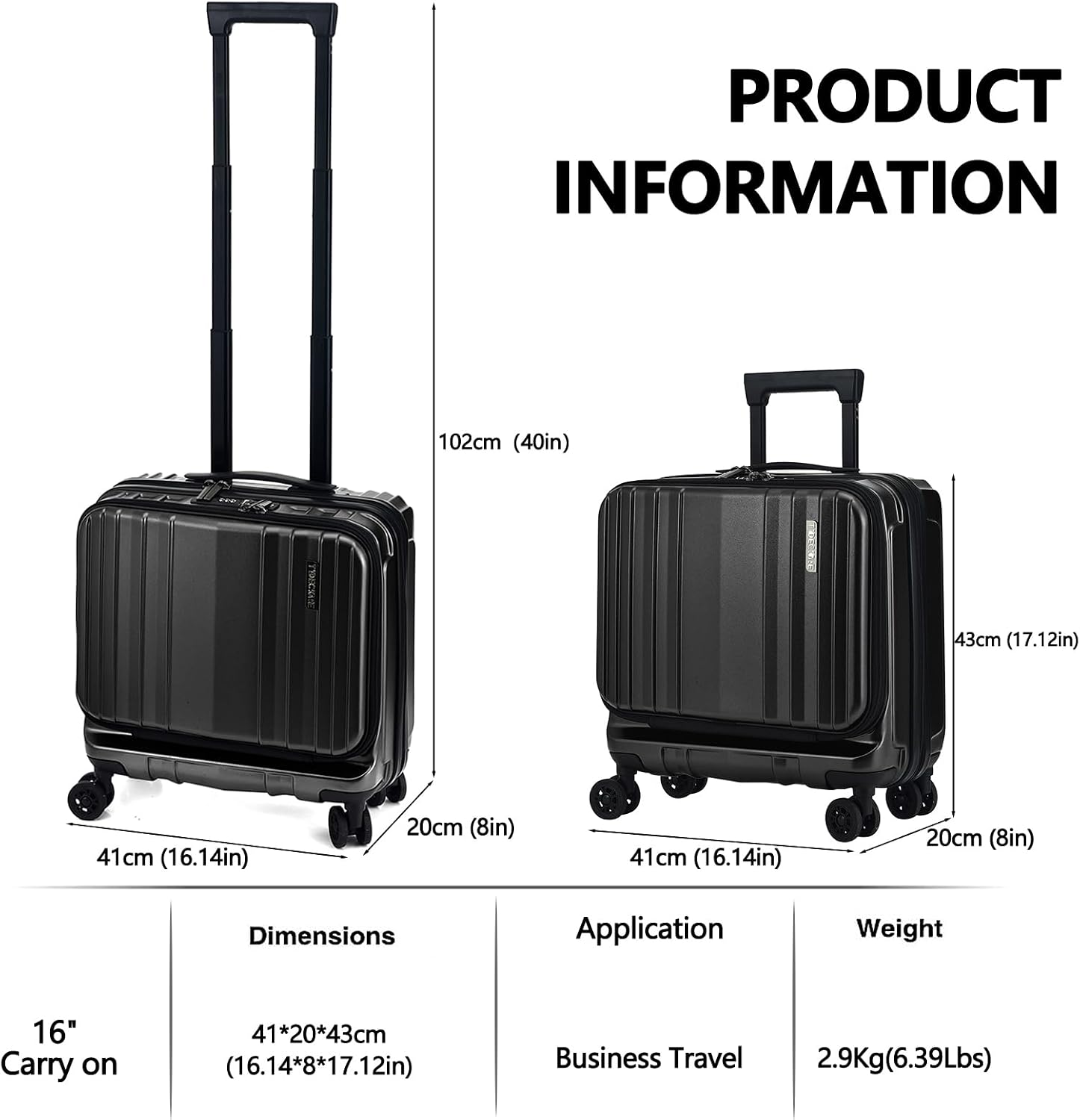 TydeCkare 16' Carry on Luggage with 2 Laptop Compartments, Lightweight Hardshell ABS+PC Suitcase with Dual Control TSA Lock, with YKK Zipper, 4 Spinner Silent Wheels, for Business Travel, Black