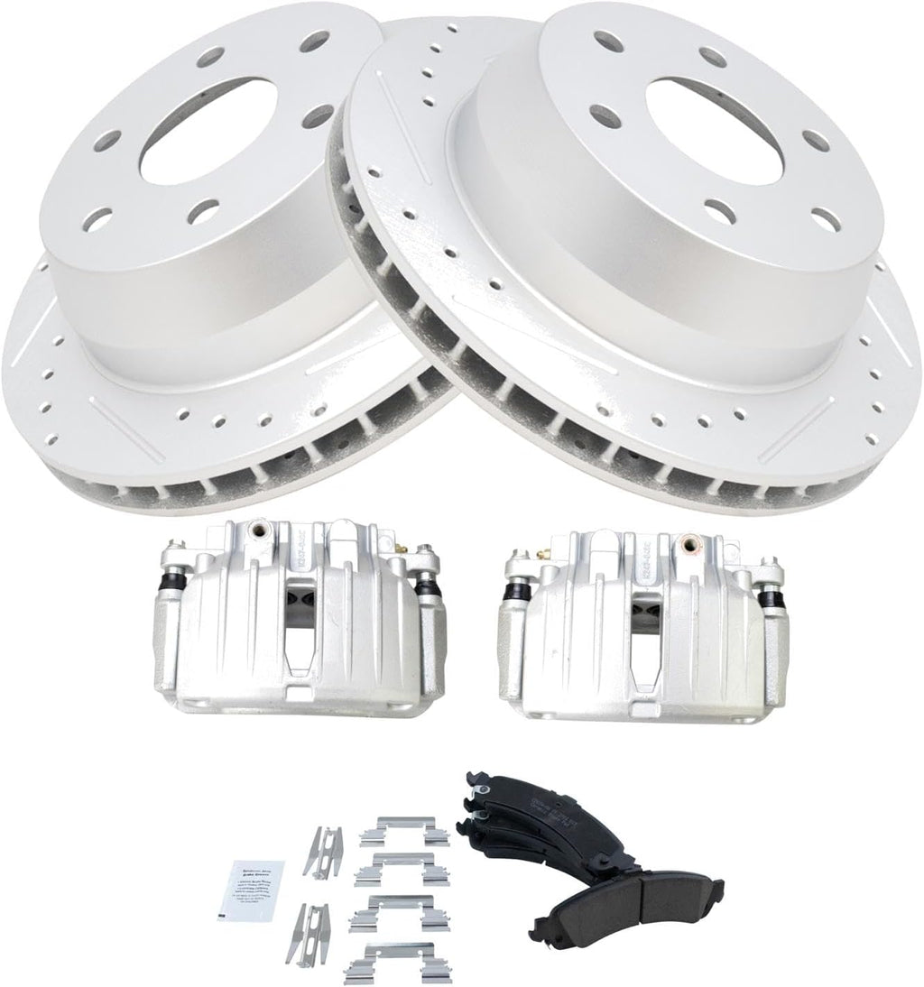 TRQ Performance Rear Brake Pad & Rotor Set Ceramic Coated Drilled Slotted Solid Rotors Calipers for 02-06 Cadillac Escalade Chevrolet Avalanche Silverado Suburban Tahoe GMC Sierra Yukon XL 1500