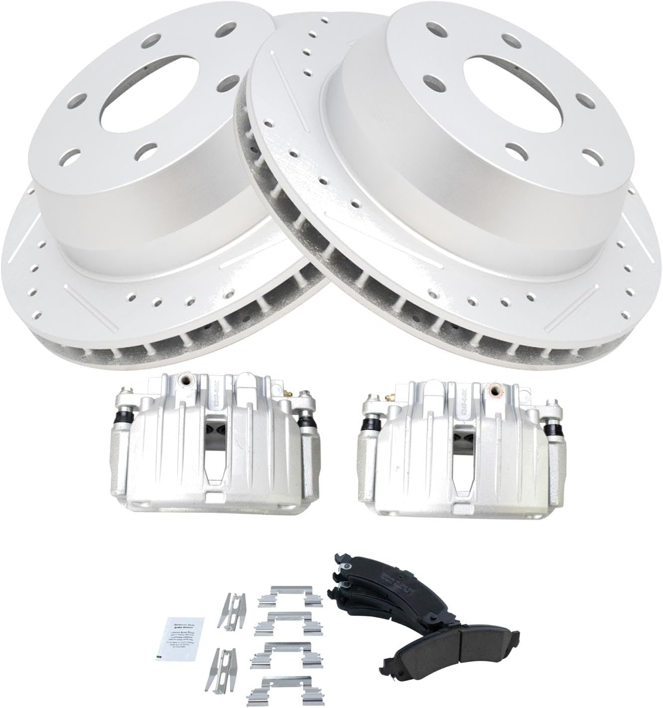 TRQ Performance Rear Brake Pad & Rotor Set Ceramic Coated Drilled Slotted Solid Rotors Calipers for 02-06 Cadillac Escalade Chevrolet Avalanche Silverado Suburban Tahoe GMC Sierra Yukon XL 1500
