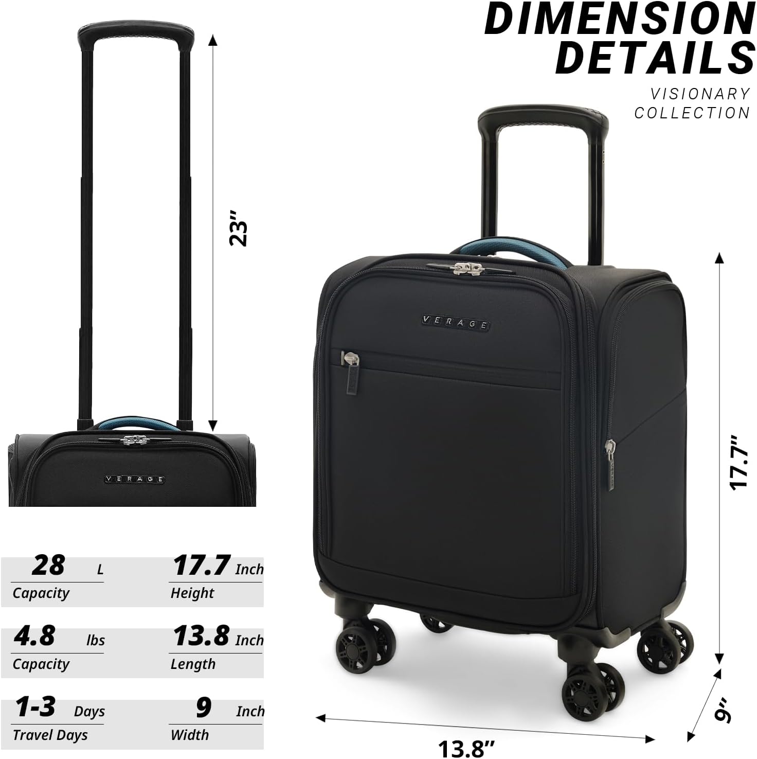 Verage 14.5 inch Underseat Carry On Luggage with Wheels, Black Softside Small Suitcase Spinner Wheeled Rolling Travel Laptop Bag for Airlines Airplanes Short Trip Men Women