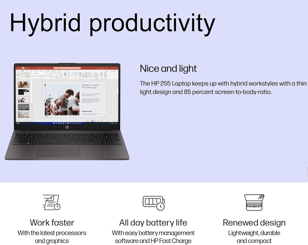 HP 255 G10 Laptop, 15.6' FHD Screen, Ryzen 5 7530U CPU, 16GB RAM, 1TB SSD, Windows 11 Pro, Anti-Glare Coating, HD Camera with Temporal Noise Reduction, Multitouch Gesture Support Touchpad