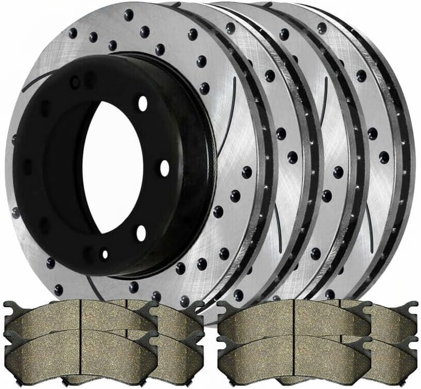 Brake Pads & Rotors Kit 8pcs Ceramic Sets 4pcs Drilled and Front Rear Side Black and Slotted for Chevy for GMC for Sierra 2500HD 2001-2006