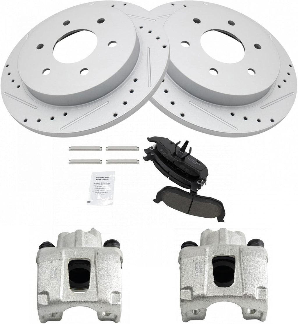 TRQ Performance Rear Brake Pad and Rotor Set Ceramic Coated Drilled Slotted Vented Rotors Calipers Compatible with 04-10 Infiniti QX56 05-15 Nissan Armada 2004 Nissan Pathfinder Armada 04-15 Titan