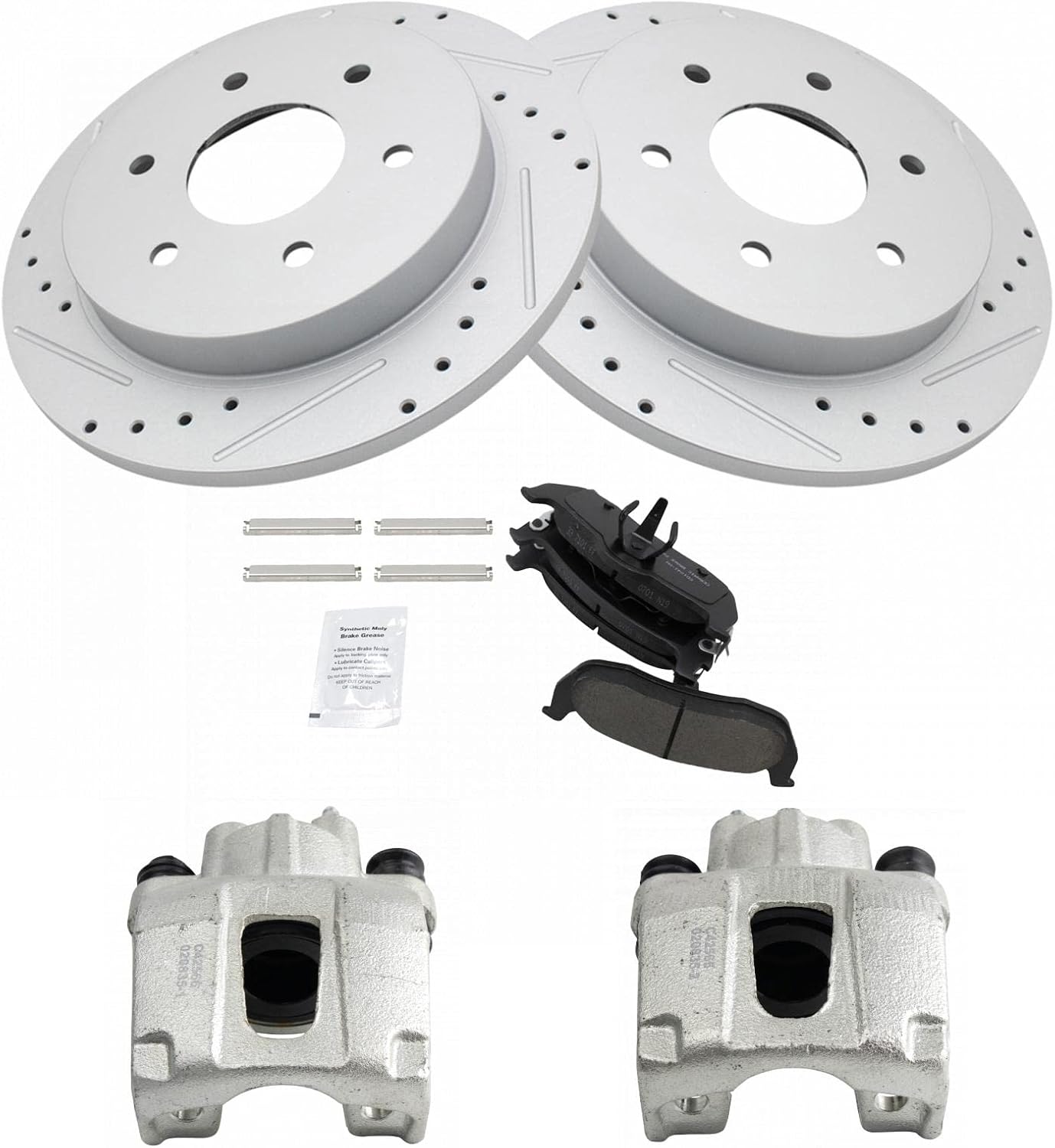 TRQ Performance Rear Brake Pad and Rotor Set Ceramic Coated Drilled Slotted Vented Rotors Calipers Compatible with 04-10 Infiniti QX56 05-15 Nissan Armada 2004 Nissan Pathfinder Armada 04-15 Titan