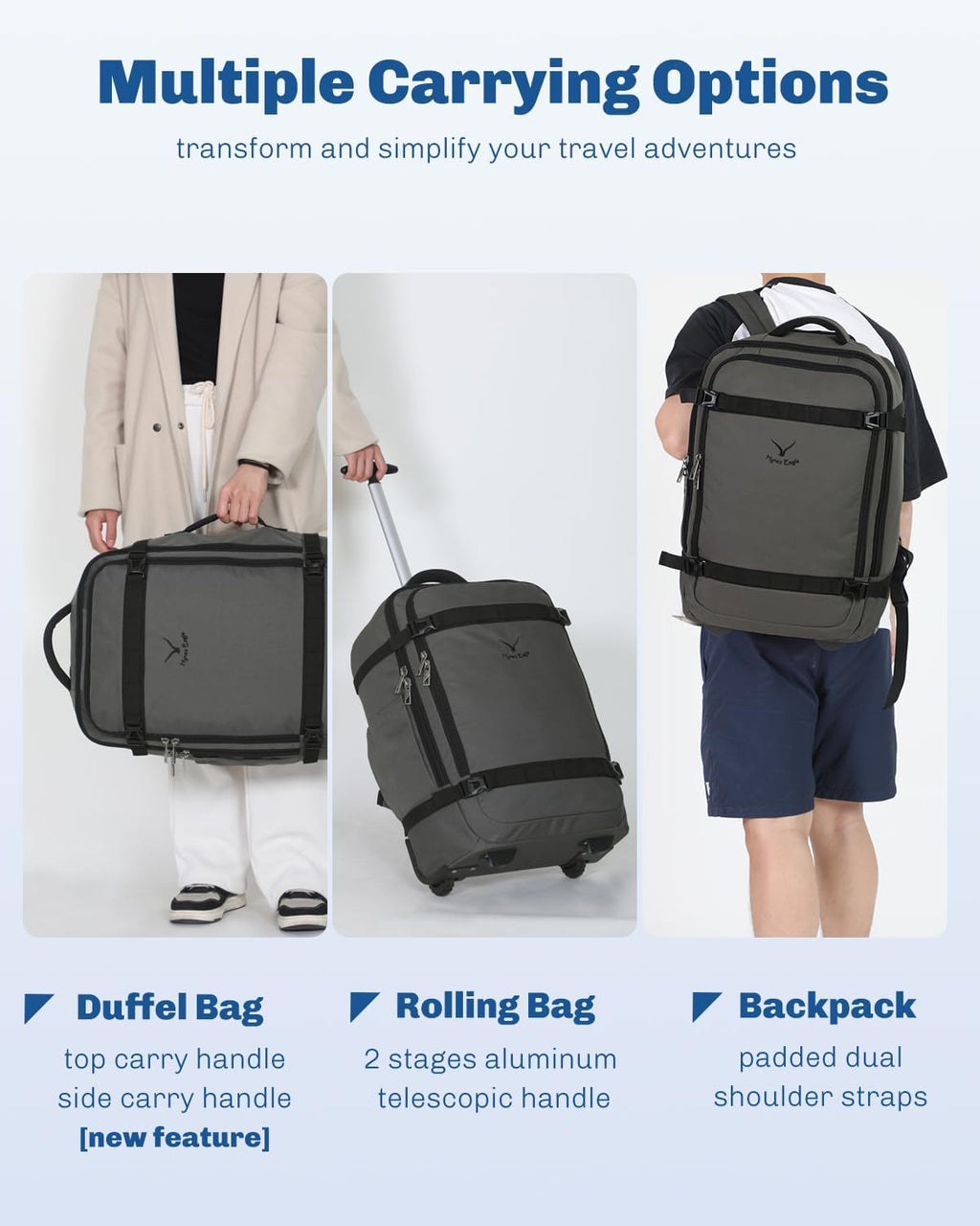 Hynes Eagle Rolling Backpack 42L Backpack with Wheels Airline Approved Carry on Luggage Laptop Travel Suitcase Bag for Women Men Dark Grey