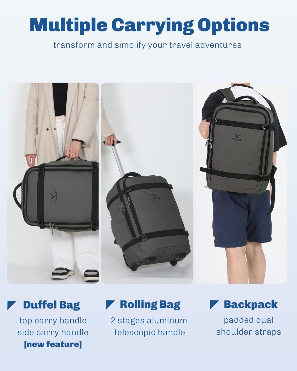 Hynes Eagle Rolling Backpack 42L Backpack with Wheels Airline Approved Carry on Luggage Laptop Travel Suitcase Bag for Women Men Dark Grey