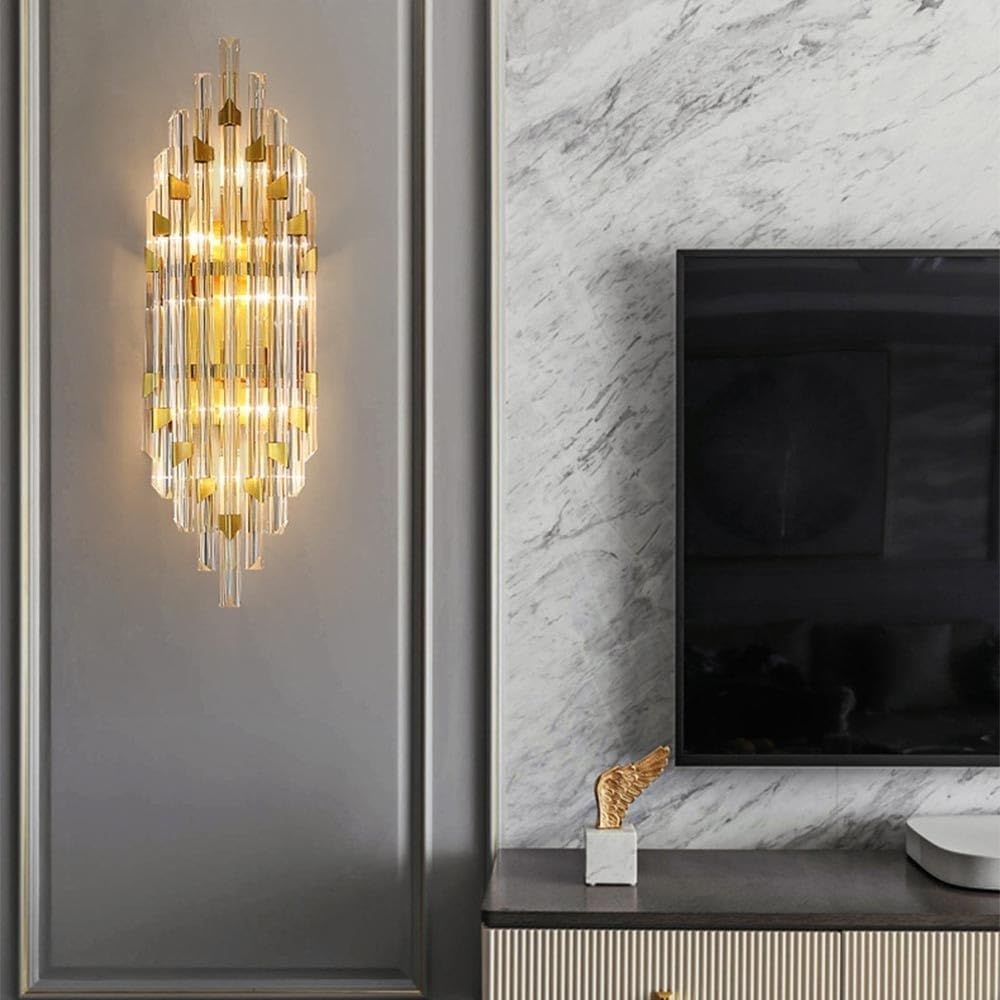 Mid Century Crystal Wall Sconce, European Style Minimalist Wall Mount Light, Modern Gold Metal Wall Lamp, Indoor Vanity Bathroom Lighting Fixture, E14/E12 Socket Decor Wall Lantern