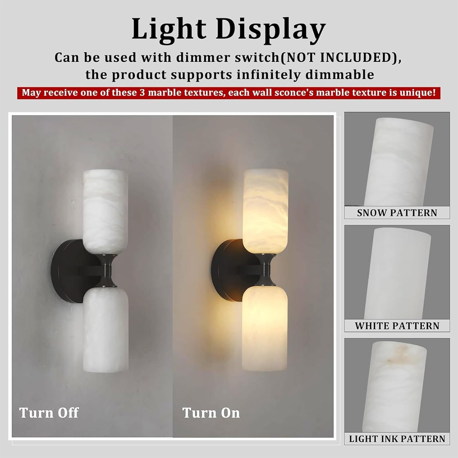 Alabaster Wall Sconce, 14in Modern Spanish Natural Marble Bathroom Vanity Sconces, Unique Indoor Black Wall Lighting Fixtures Decor for Bedroom Living Room Staircases
