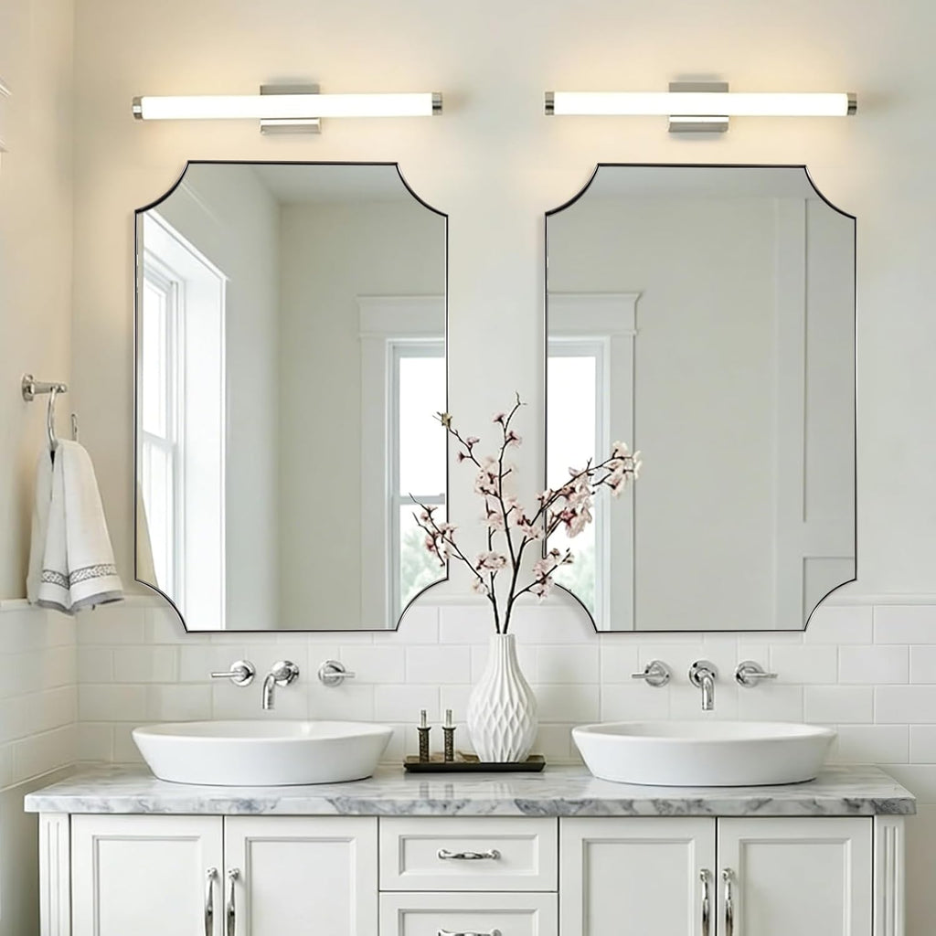 MIRRORART Brushed Nickel Mirrors 24x36 Inch, Contemporary Scalloped Silver Bathroom Mirrors, Notched Corner Rectangle Mirror for Home Remodel in 1'' Stainless Steel Metal Frame Wall Mount Two Ways