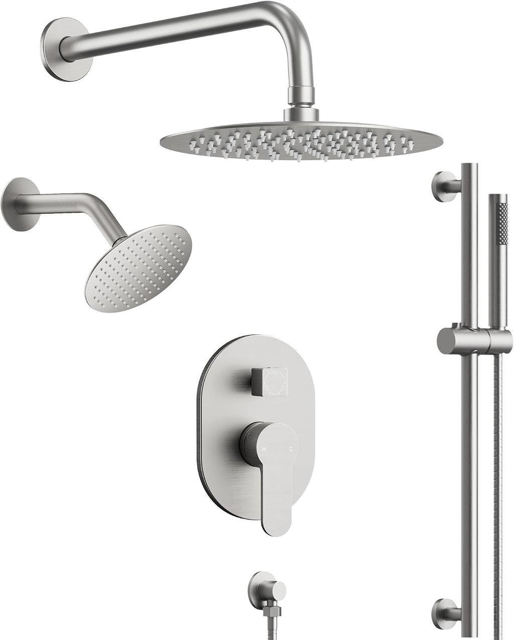 Wall Mount 10' High-Pressure Rainfall Shower Faucet with Slide Bar, Dual Rainfall Shower Head System with Valve (Brushed Nickel)