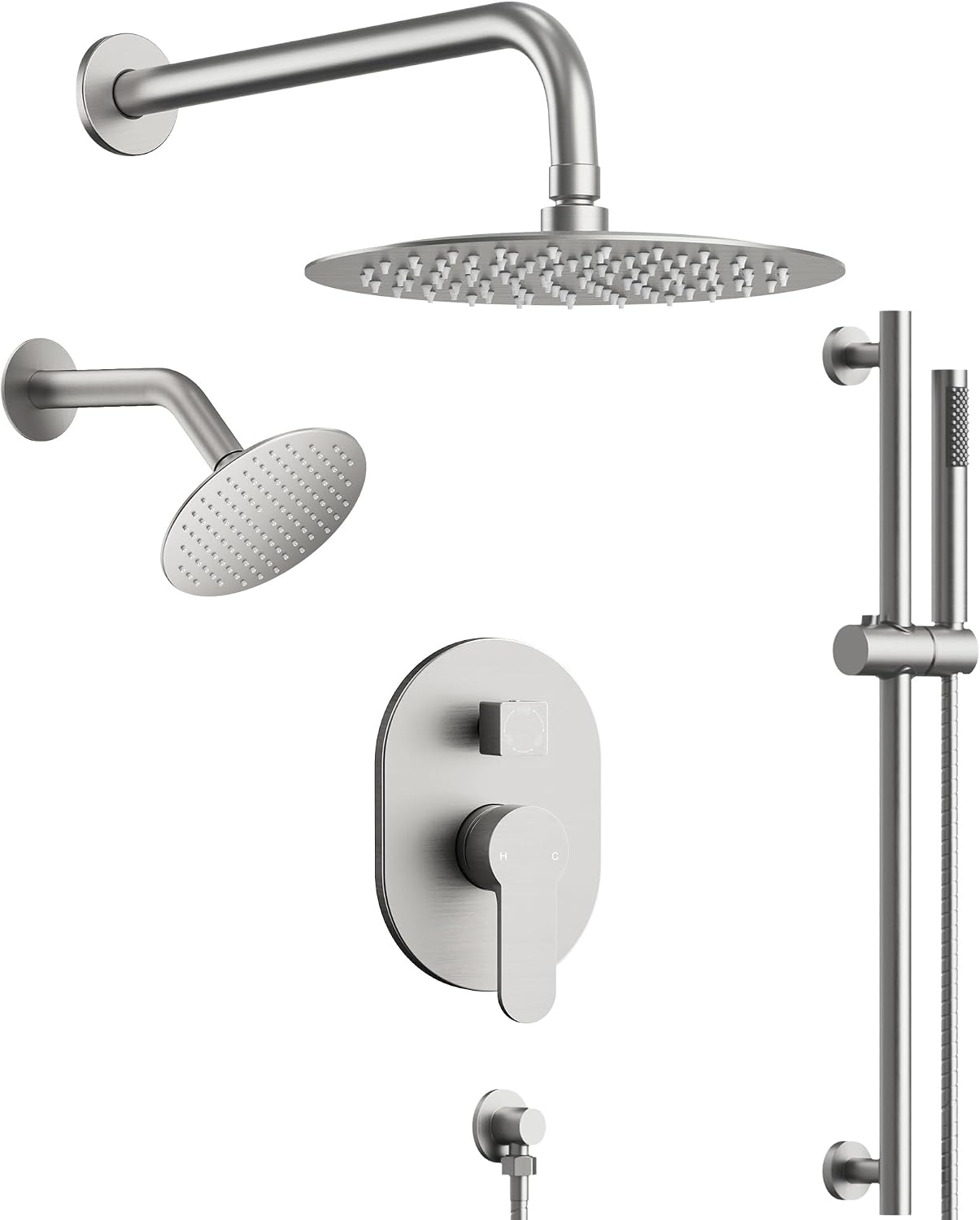 Wall Mount 10' High-Pressure Rainfall Shower Faucet with Slide Bar, Dual Rainfall Shower Head System with Valve (Brushed Nickel)