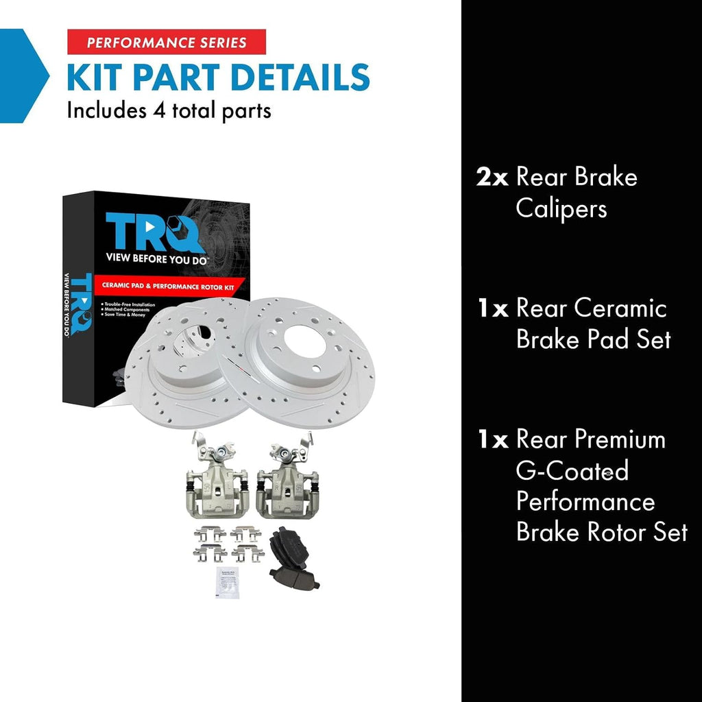 TRQ Performance Rear Brake Pad & Rotor Set Ceramic Drilled Slotted Coated Rotors Calipers Compatible with 06-12 Ford Fusion 2006 Lincoln Zephyr 07-12 Lincoln MKZ 06-13 Mazda 6 06-11 Mercury Milan