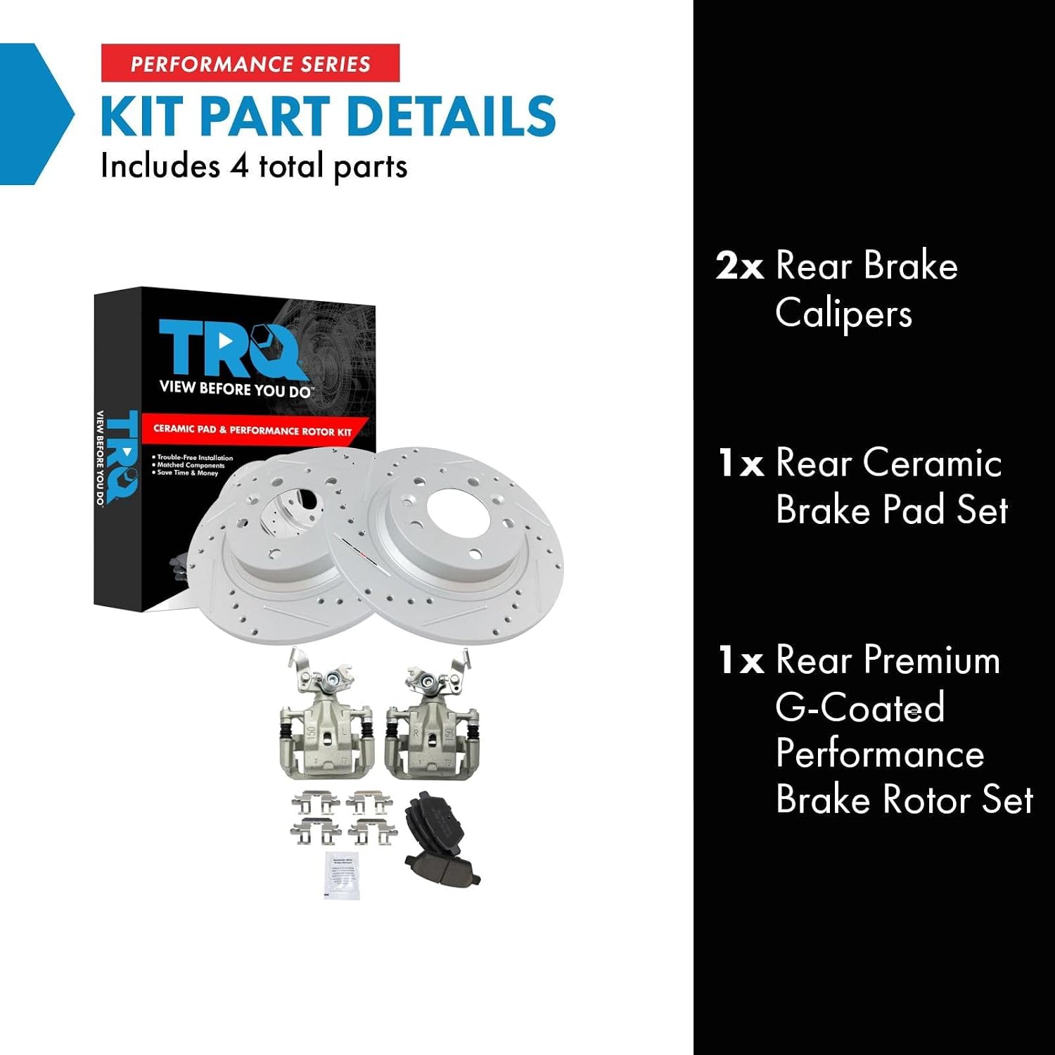 TRQ Performance Rear Brake Pad & Rotor Set Ceramic Drilled Slotted Coated Rotors Calipers Compatible with 06-12 Ford Fusion 2006 Lincoln Zephyr 07-12 Lincoln MKZ 06-13 Mazda 6 06-11 Mercury Milan