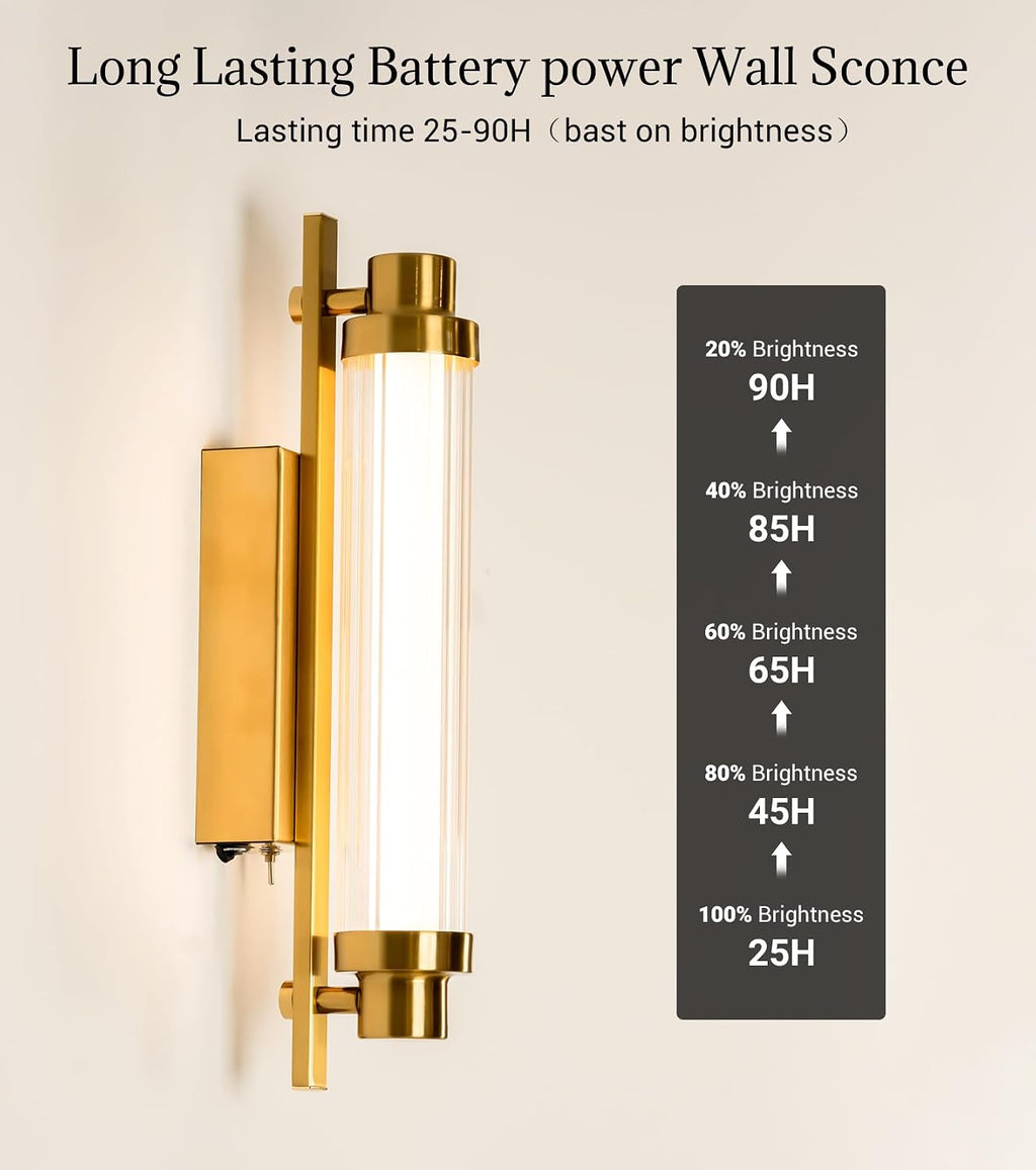 Battery Operated Wall Sconce Set of Two,12000 mAh Rechargeable Wall Sconce with Remote Battery Powered Wall Light LED Crystal Glass Gold Wall sconces for Bathroom, Living Room, Hallway, Mirror