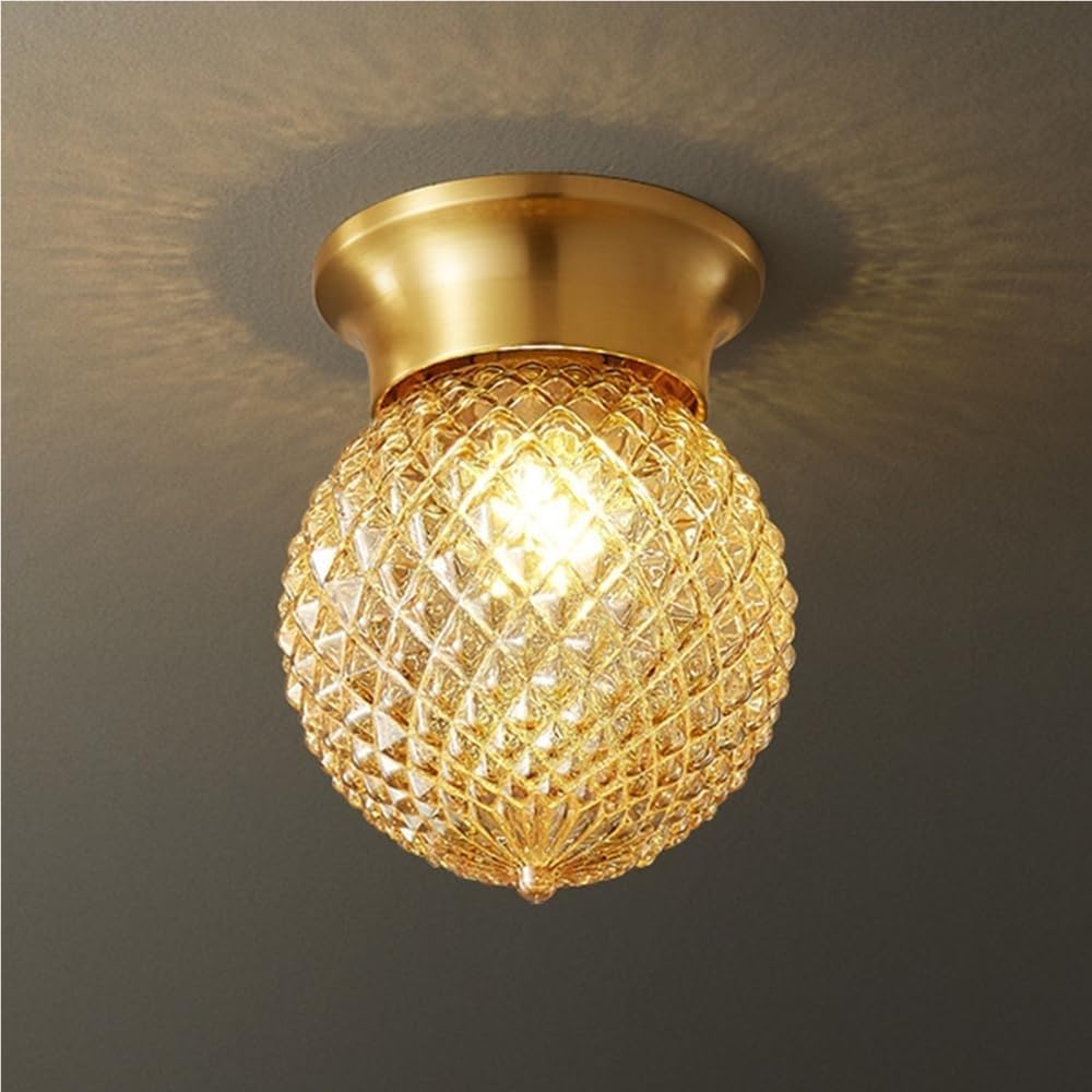 Flush Mount Ceiling Light Modern Brass Fixture with Textured Glass Globe Shade E27 Base Gold Tone Lamp for Hallway Entryway Balcony Small Spaces Home Decor(A)