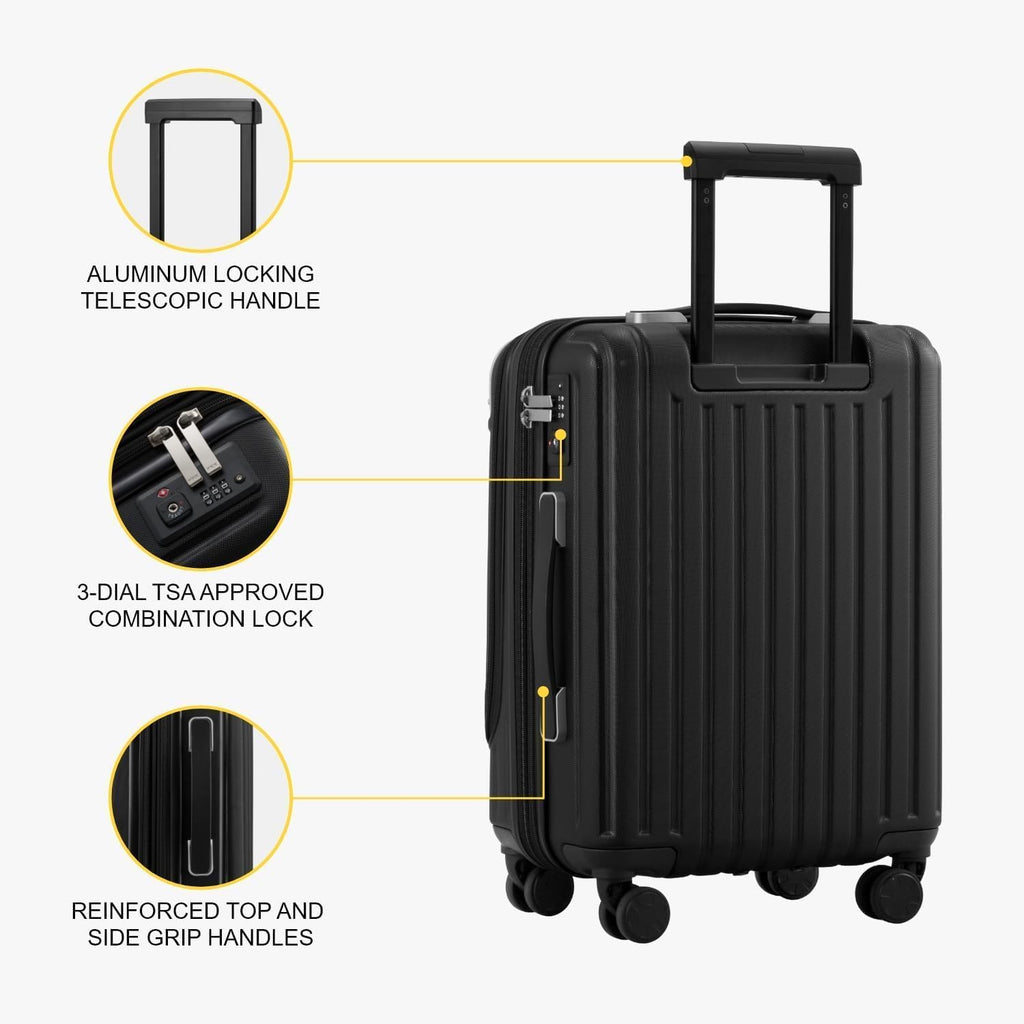 LEVEL8 Grace Carry On Luggage Airline Approved, 20 Inch Expandable Hardside Carry On Suitcase With Wheels, Abs+Pc Small Luggage with Tsa Lock, Black, 20-Inch