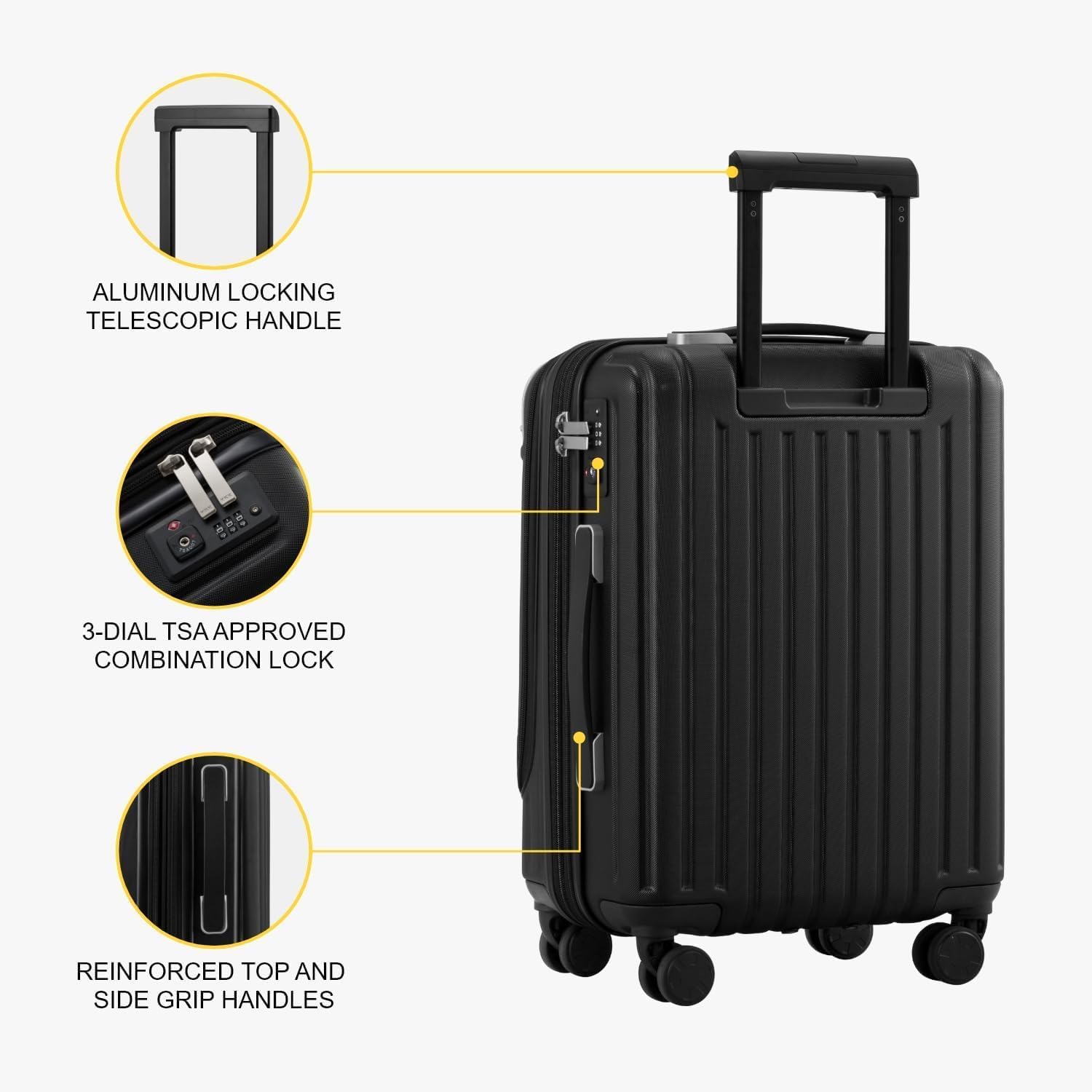 LEVEL8 Grace Carry On Luggage Airline Approved, 20 Inch Expandable Hardside Carry On Suitcase With Wheels, Abs+Pc Small Luggage with Tsa Lock, Black, 20-Inch