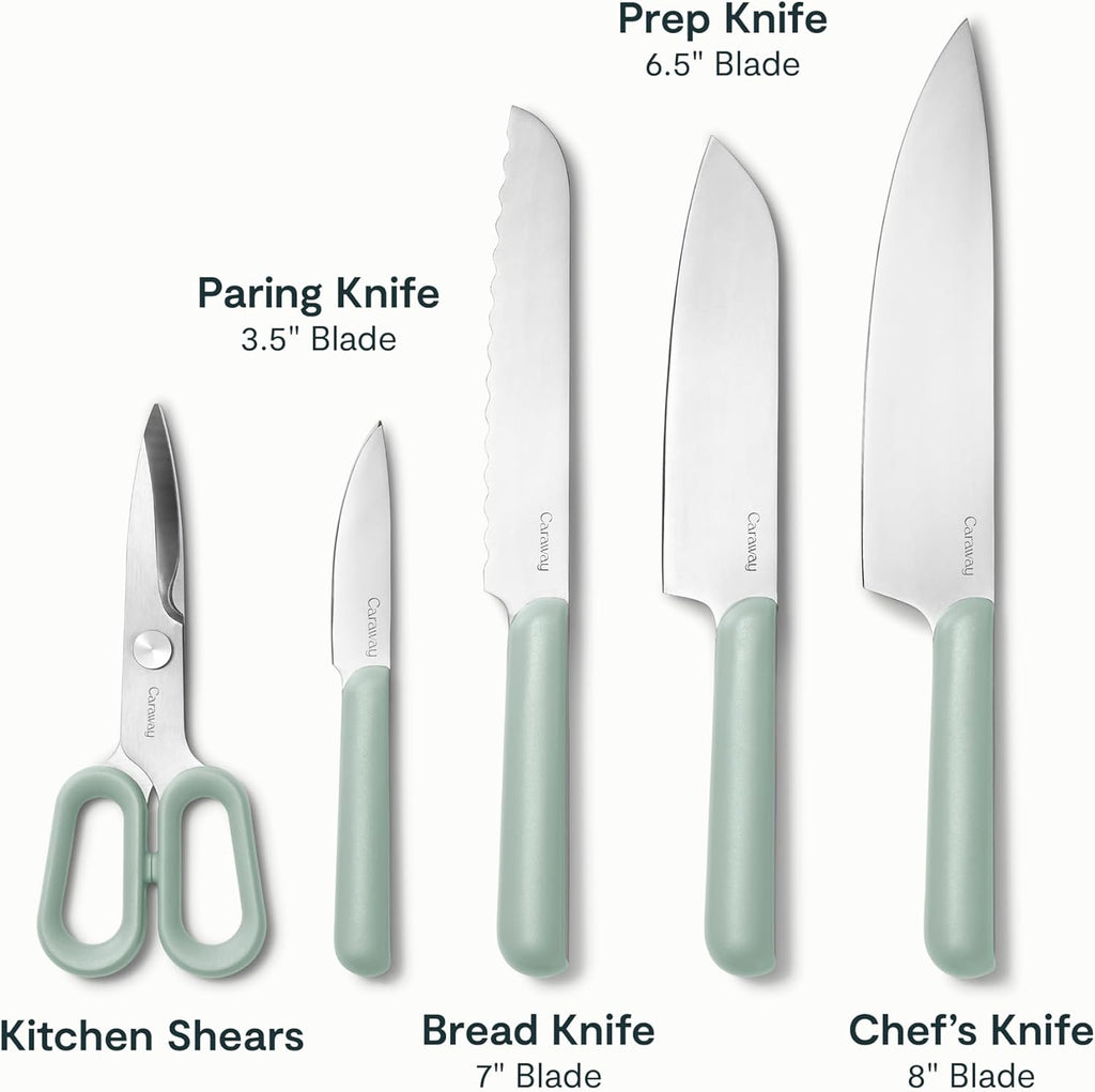 Caraway 14-Piece Kitchen Prep Set - Kitchen Knife Set & Wooden Utensil Set - Made With Premium German Steel Blades & FSC-Certified Birch Wood - Non-Toxic Materials - Includes Organizer - Mist