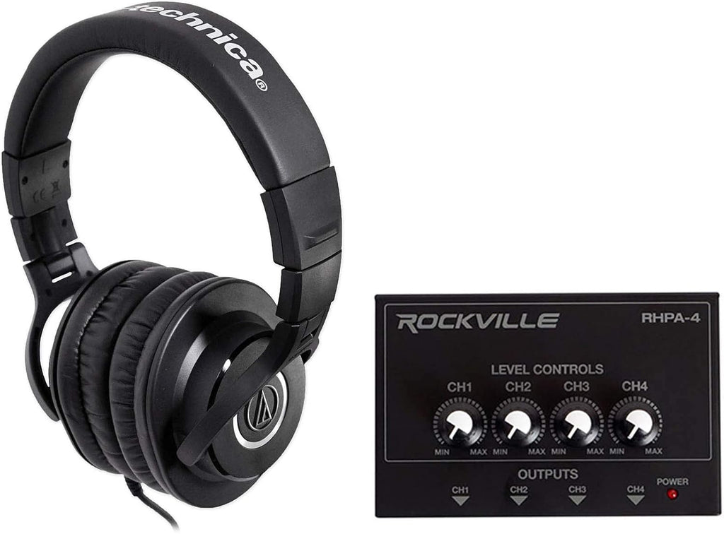 Audio-Technica ATH-M40x Closed-Back Dynamic Studio Monitor Headphones ATHM40x Bundle with Rockville RHPA4 4 Channel Professional Headphone Amplifier Stereo or Mono Amp