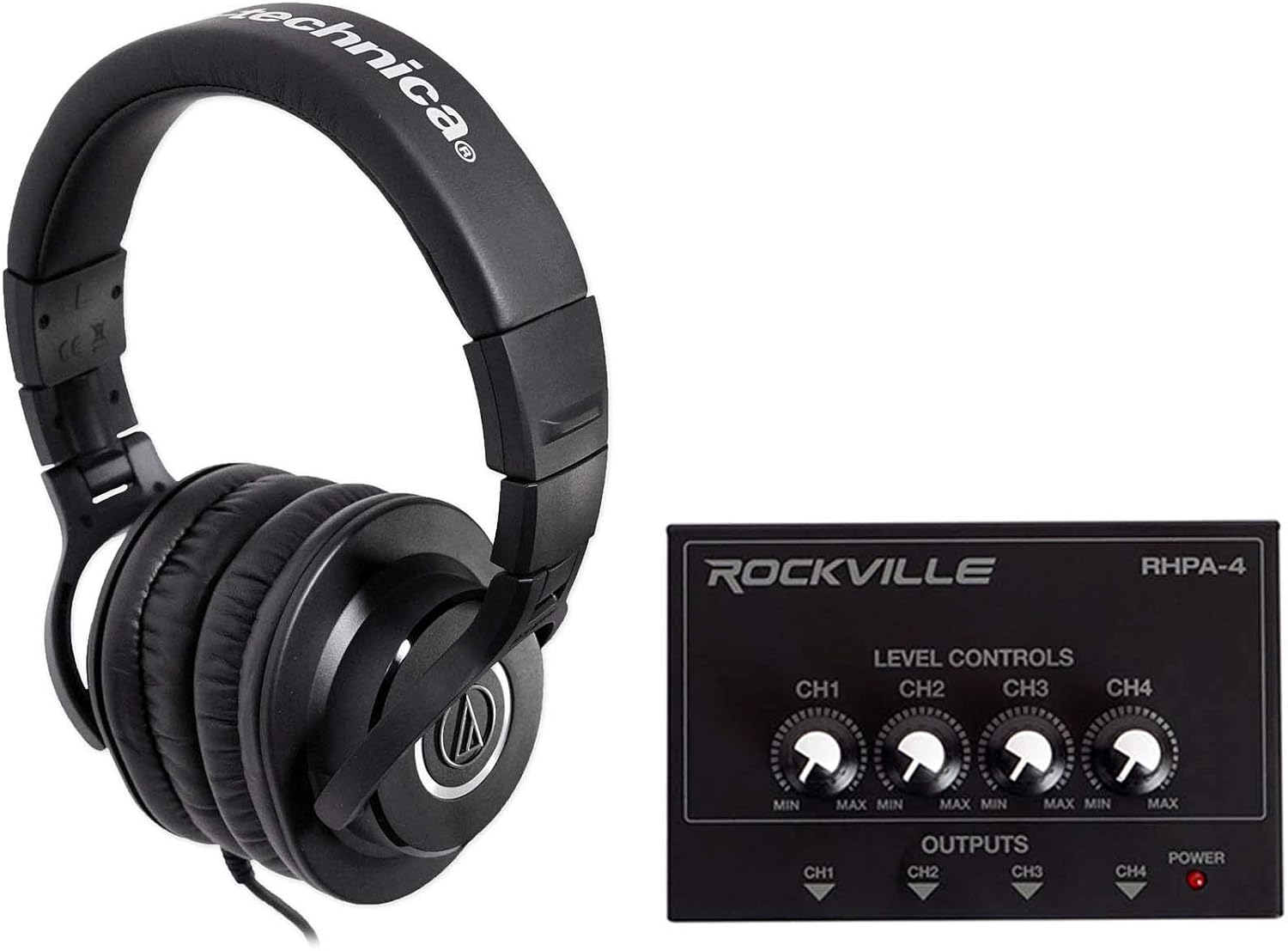 Audio-Technica ATH-M40x Closed-Back Dynamic Studio Monitor Headphones ATHM40x Bundle with Rockville RHPA4 4 Channel Professional Headphone Amplifier Stereo or Mono Amp
