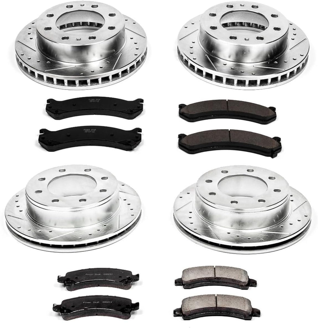 PowerStop Front and Rear Brake Kit for Chevrolet Express 2500 2003-20 | GMC Savana 2500 2003-20 - Drilled and Slotted Disc Rotors with Carbon-Fiber Ceramic Brake Pads Replacement, K2025