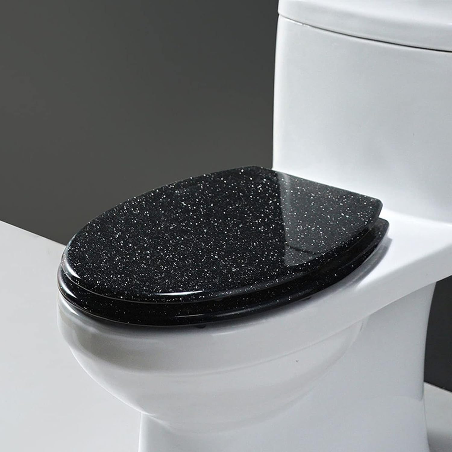 Sparkling Glitter Toilet Seat - Slow Close Round Resin Bathroom Seat, Easy Clean Decorative Glam Design, Silver & Black for Elegant Home Decor