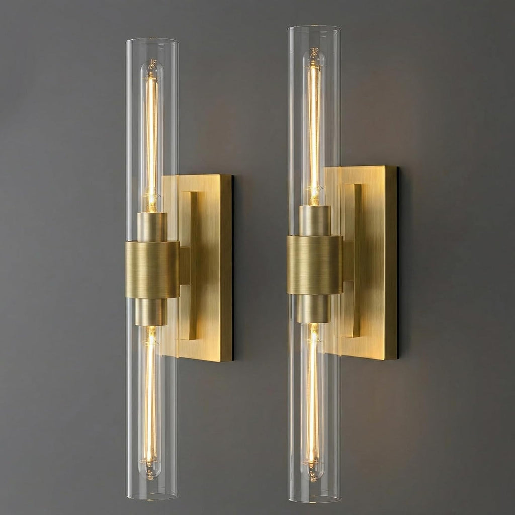 22.8' Brass Wall Sconces Set of 2, Modern Luxury 2-Light Bathroom Vanity Lights with Glass Tube Shade, Dimmable Hardwired Gold Wall Sconce for Bathroom Mirror, Living Room, Hallway (Bulbs Included)