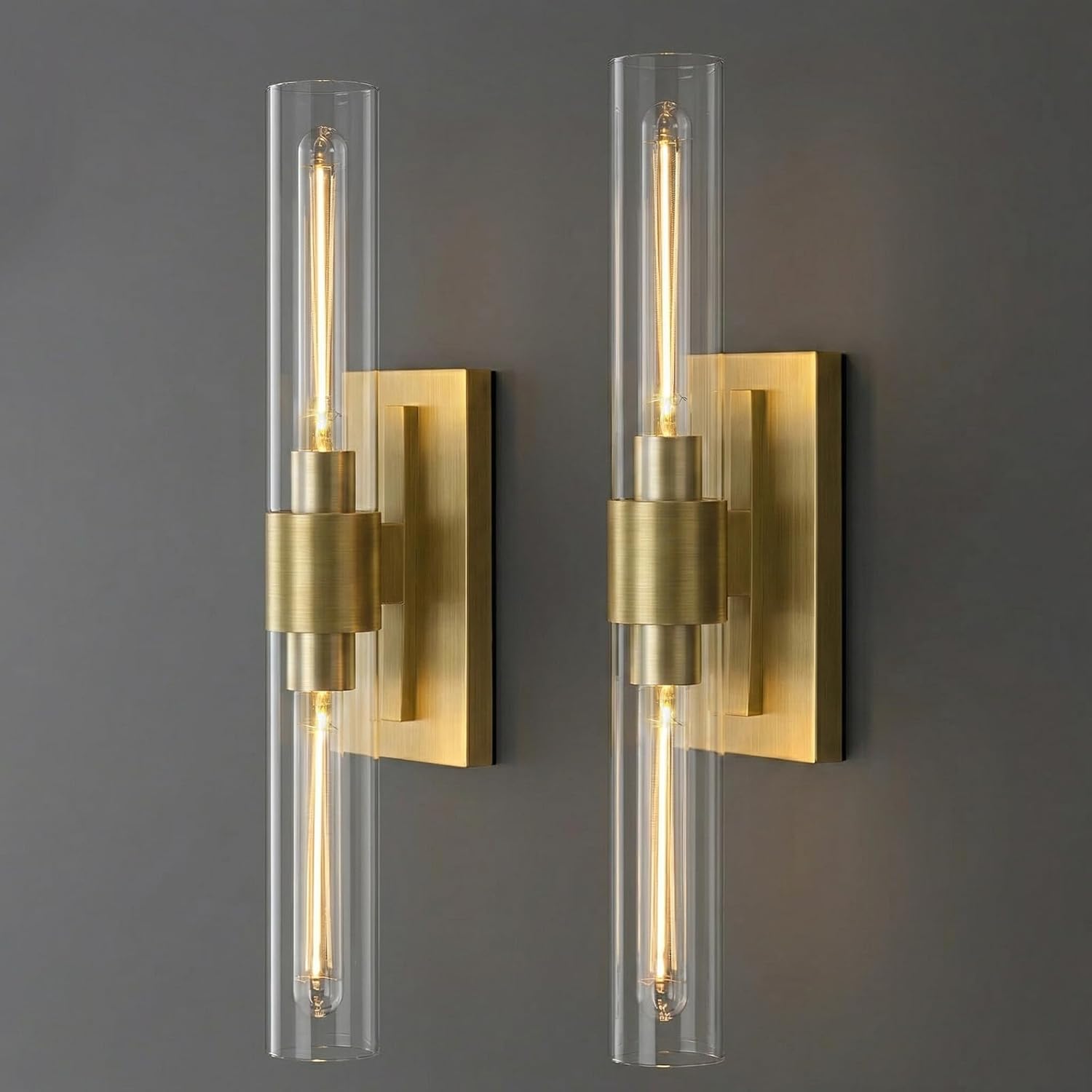 22.8' Brass Wall Sconces Set of 2, Modern Luxury 2-Light Bathroom Vanity Lights with Glass Tube Shade, Dimmable Hardwired Gold Wall Sconce for Bathroom Mirror, Living Room, Hallway (Bulbs Included)