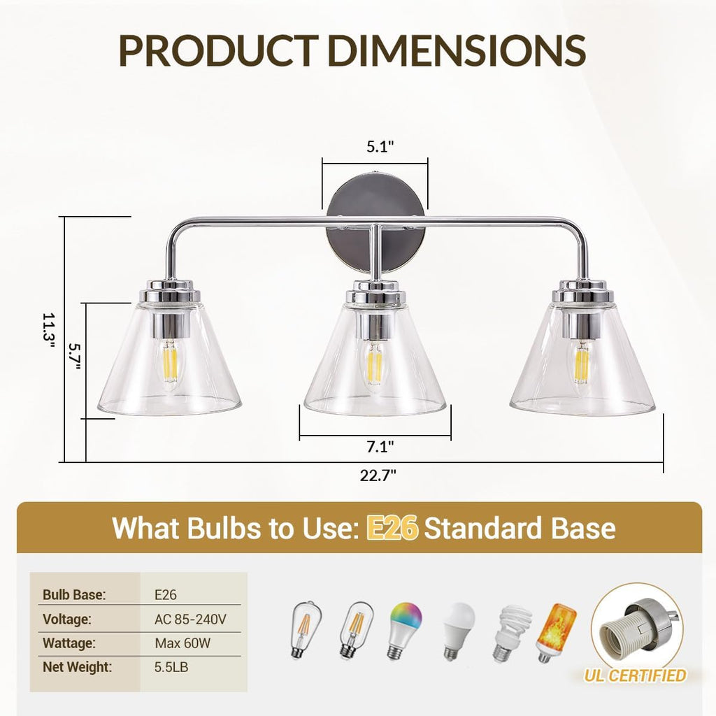 ANDY STAR Vanity Lights for Bathroom 3 Light - Chrome Bathroom Light Fixtures with Clear Cone-Shaped Glass, Polished Modern Geometric Design Wall Lights for Hallway, Bedroom, E26 Base (No Bulbs)