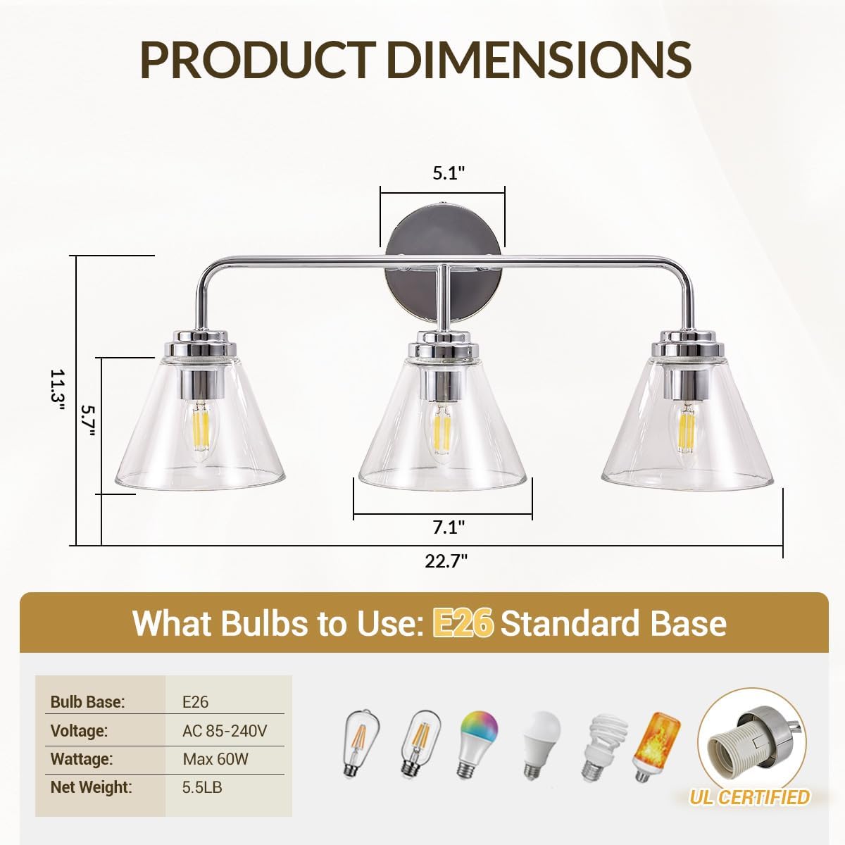 ANDY STAR Vanity Lights for Bathroom 3 Light - Chrome Bathroom Light Fixtures with Clear Cone-Shaped Glass, Polished Modern Geometric Design Wall Lights for Hallway, Bedroom, E26 Base (No Bulbs)