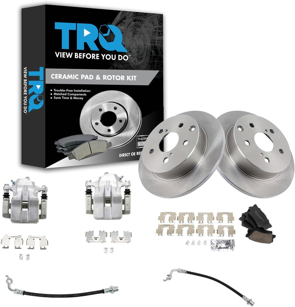 TRQ Rear Brake Pad and Rotor Set Ceramic Rotors Calipers Hoses Compatible with 2012-2018 Toyota RAV4