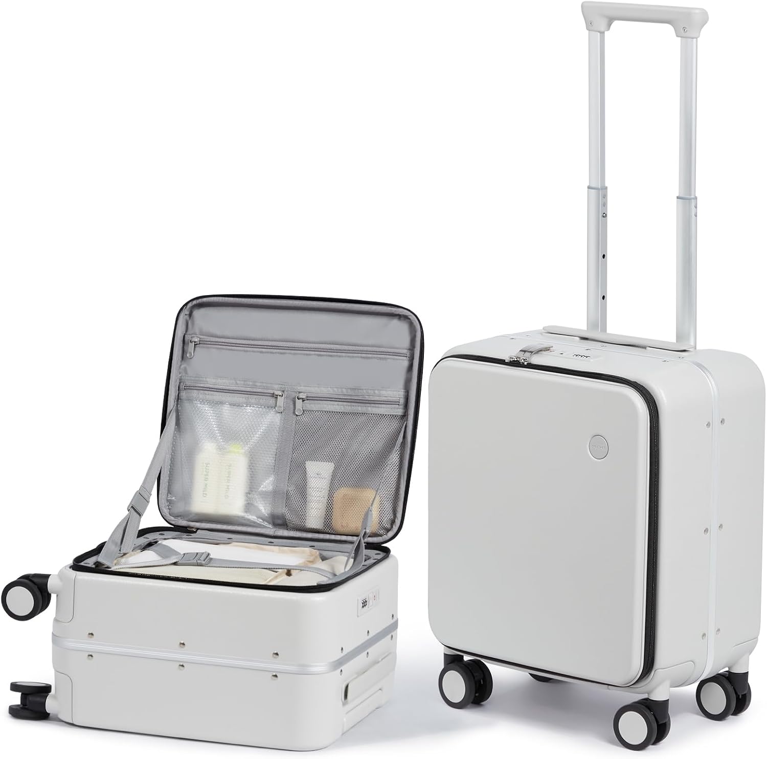 mixi 17x14x9 Carry On Luggage Underseat PC Hard Shell Suitcase Top Opening Aluminum Frame Travel Suitcases with Wheels, Smoke White