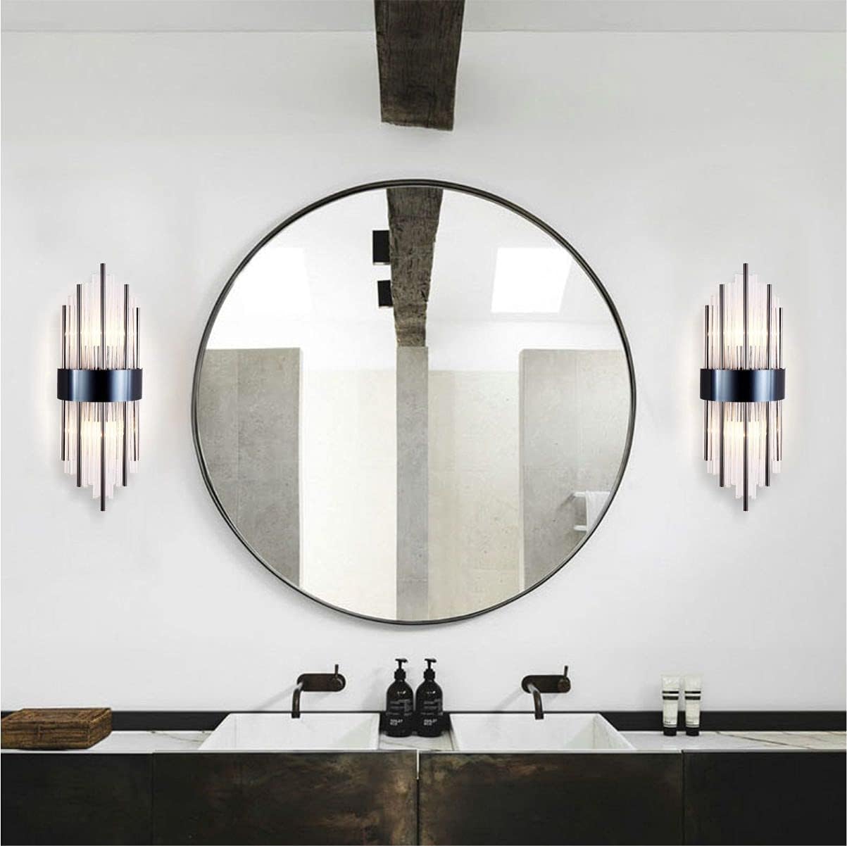 BOKT Modern Wall Mount Lamp 2 Light Fixtures Crystal Wall Sconce Lighting, Elegant Wall Sconces with Brass Base for Bedroom Living Room Bathroom Hallway Entryway Hotel Restaurant (2 Pack Black)